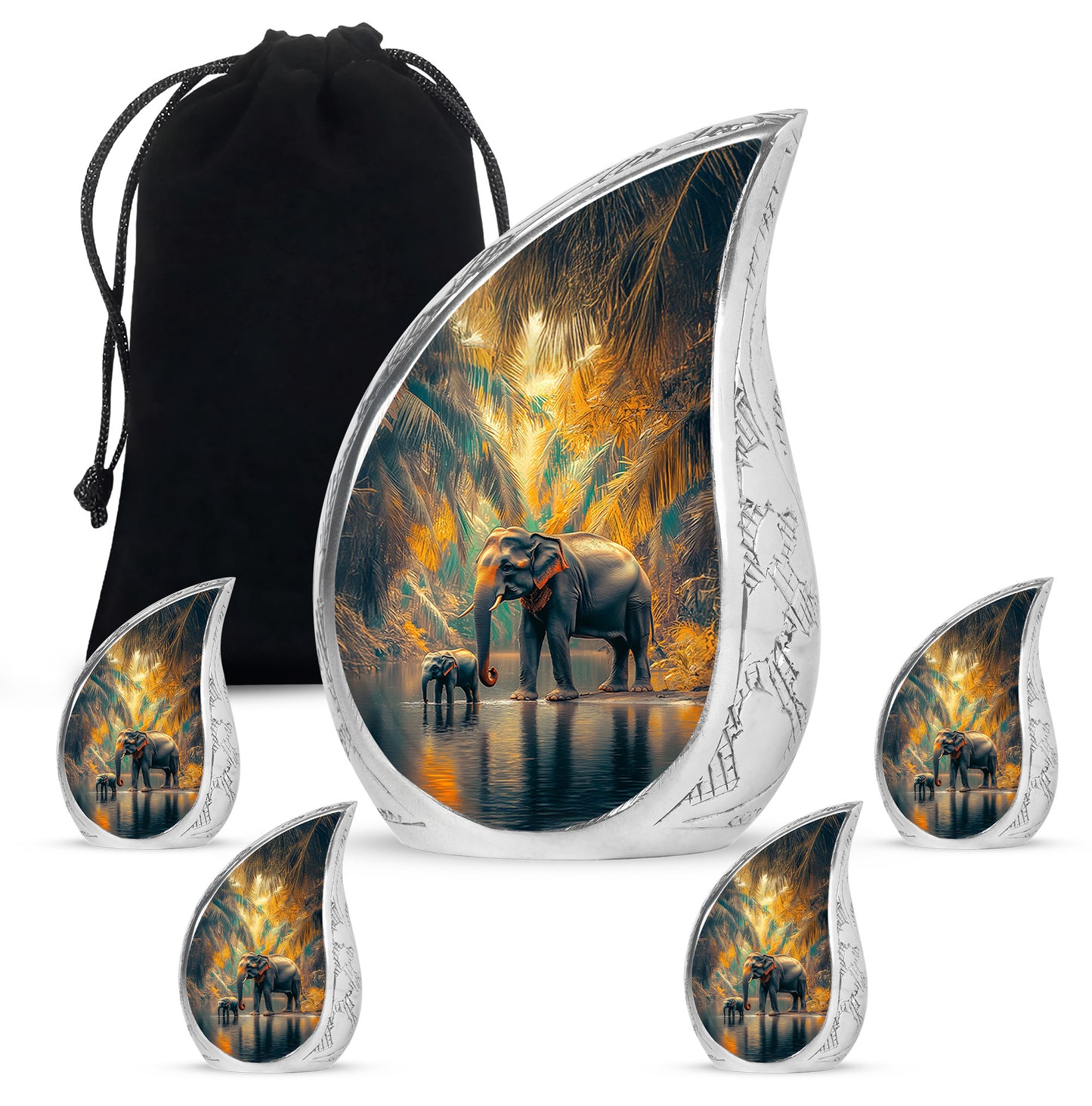 Ocean Teal Elephant Cremation Urn side profile showing urn shape - flowing teardrop elephant silhouette on curved aluminum - memorial set with one large and four small urns