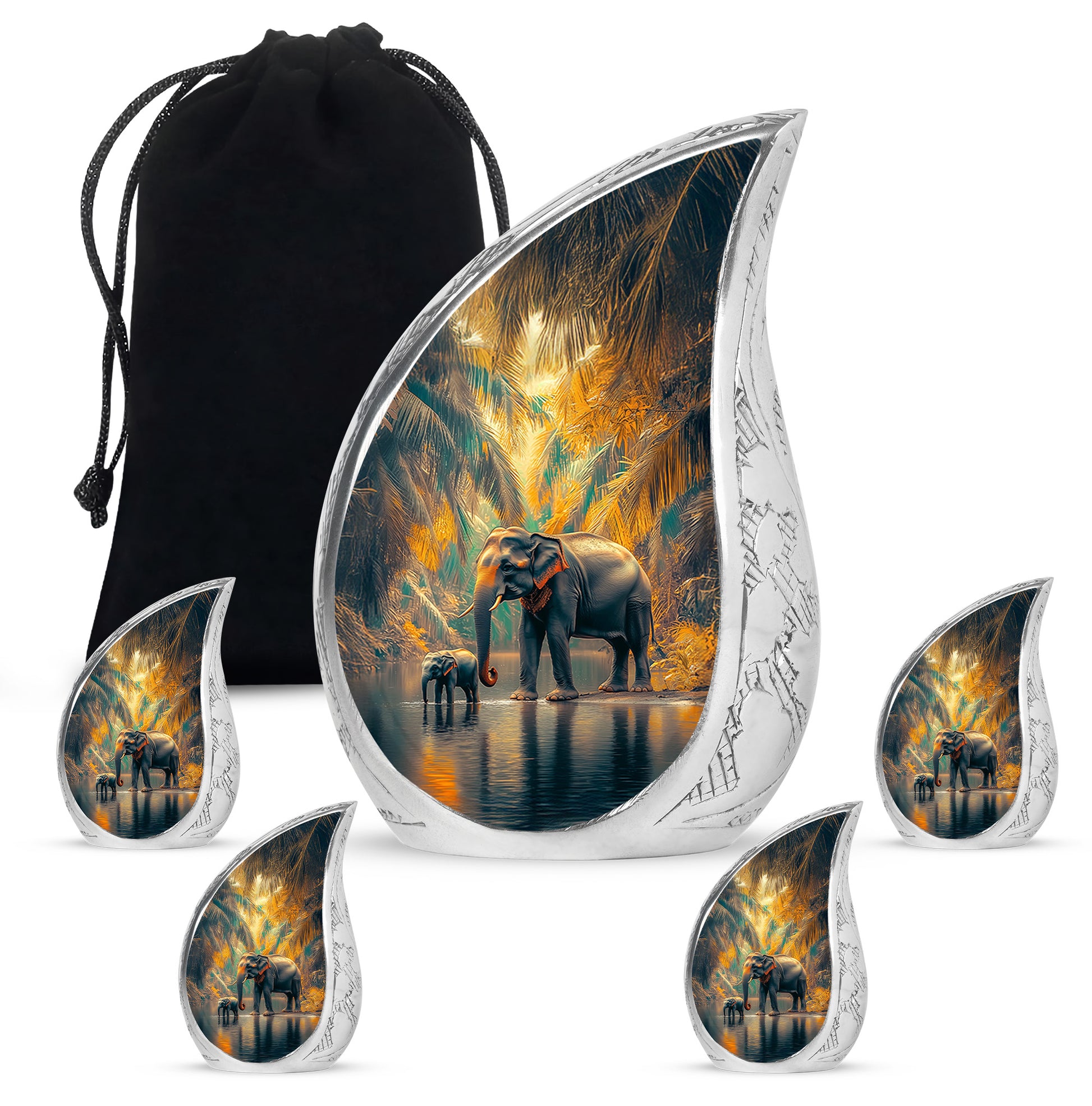 Ocean Teal Elephant Cremation Urn side profile showing urn shape - flowing teardrop elephant silhouette on curved aluminum - memorial set with one large and four small urns
