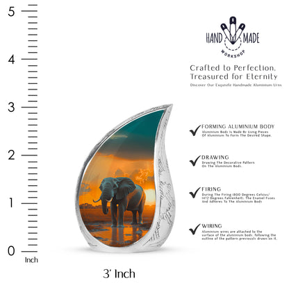 Warm Gold Elephant Cremation Urn angled view of lid and engraved motif - smooth teardrop contour featuring elephant art - mini keepsake memorial for portion of cremation ashes