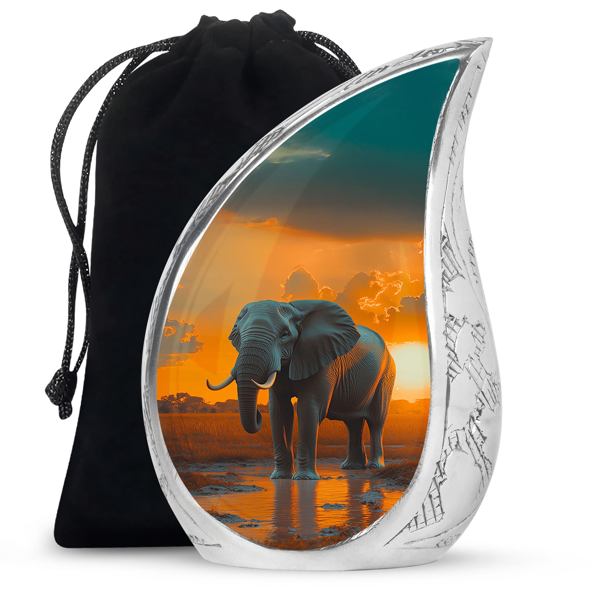 Burnished Gold Elephant Cremation Urn front view showing detailed design - graceful tear-shaped urn with elephant motif - full-size 10 inch 200 cubic inch adult cremation urn