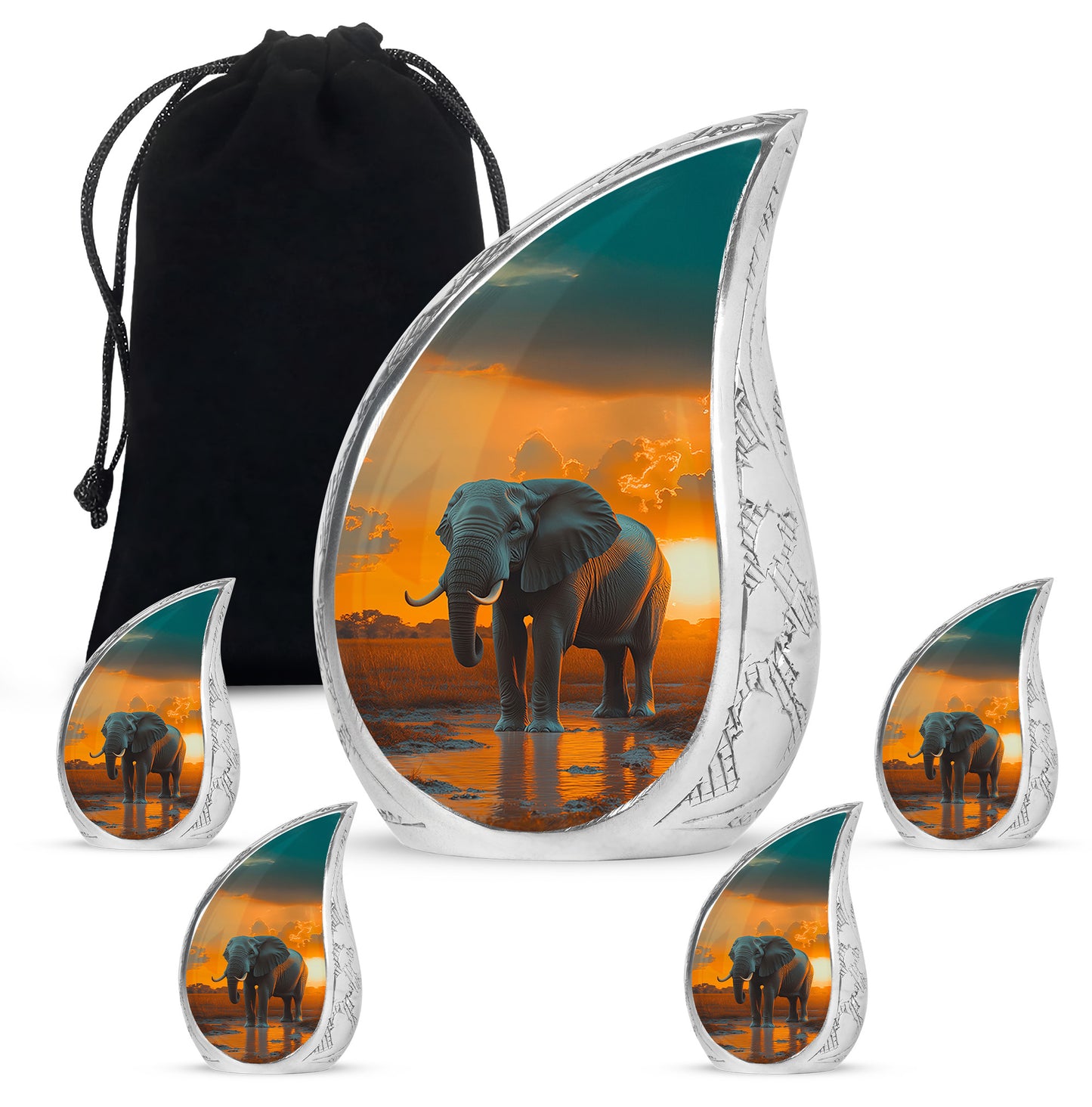 Champagne Gold Elephant Cremation Urn side profile showing urn shape - rounded teardrop elephant design with delicate detail - memorial set with one large and four small urns