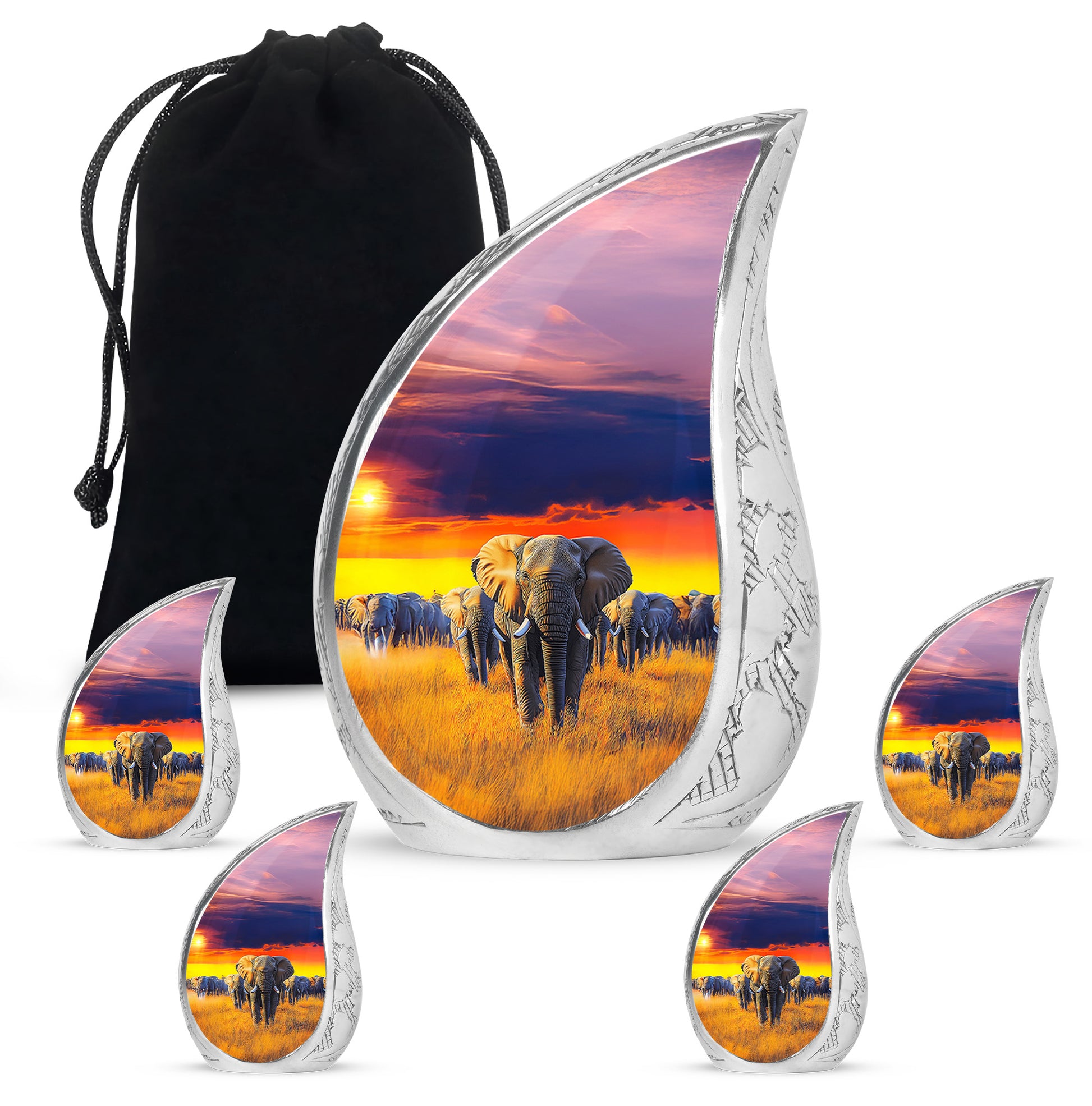 Azure Elephant Cremation Urn side profile showing urn shape - flowing teardrop elephant silhouette on curved aluminum - memorial set with one large and four small urns