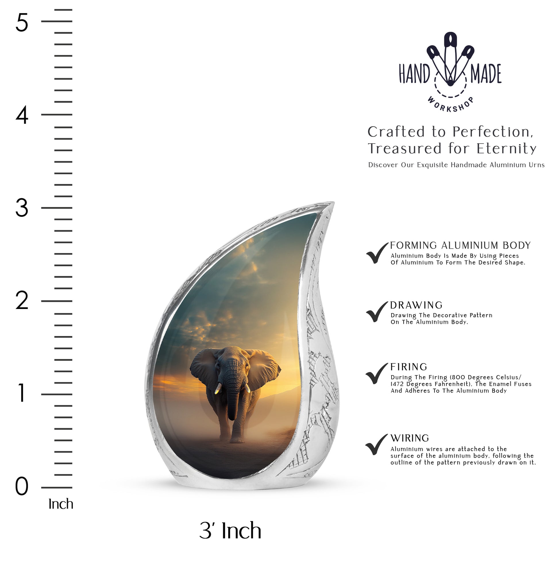 Ebony Elephant Cremation Urn angled view of lid and engraved motif - flowing teardrop elephant silhouette on curved aluminum - mini keepsake memorial for portion of cremation ashes