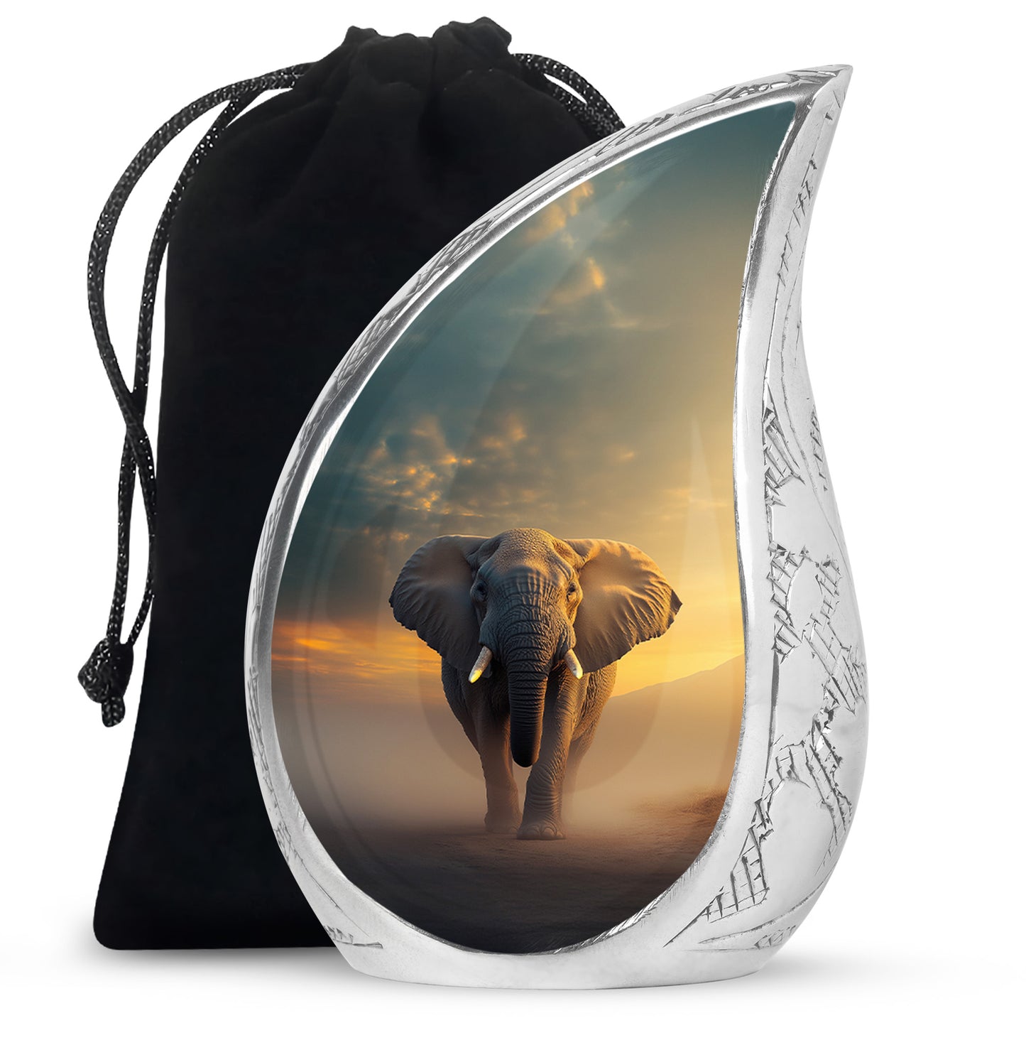 Charcoal Black Elephant Cremation Urn front view showing detailed design - graceful tear-shaped urn with elephant motif - full-size 10 inch 200 cubic inch adult cremation urn