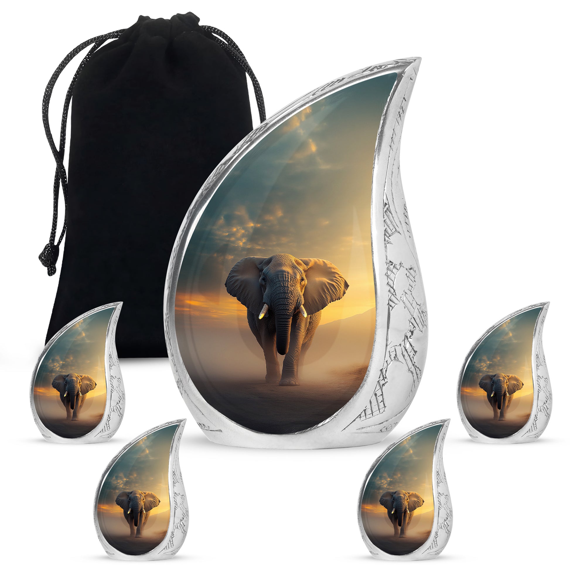 Midnight Black Elephant Cremation Urn side profile showing urn shape - graceful tear-shaped urn with elephant motif - memorial set with one large and four small urns