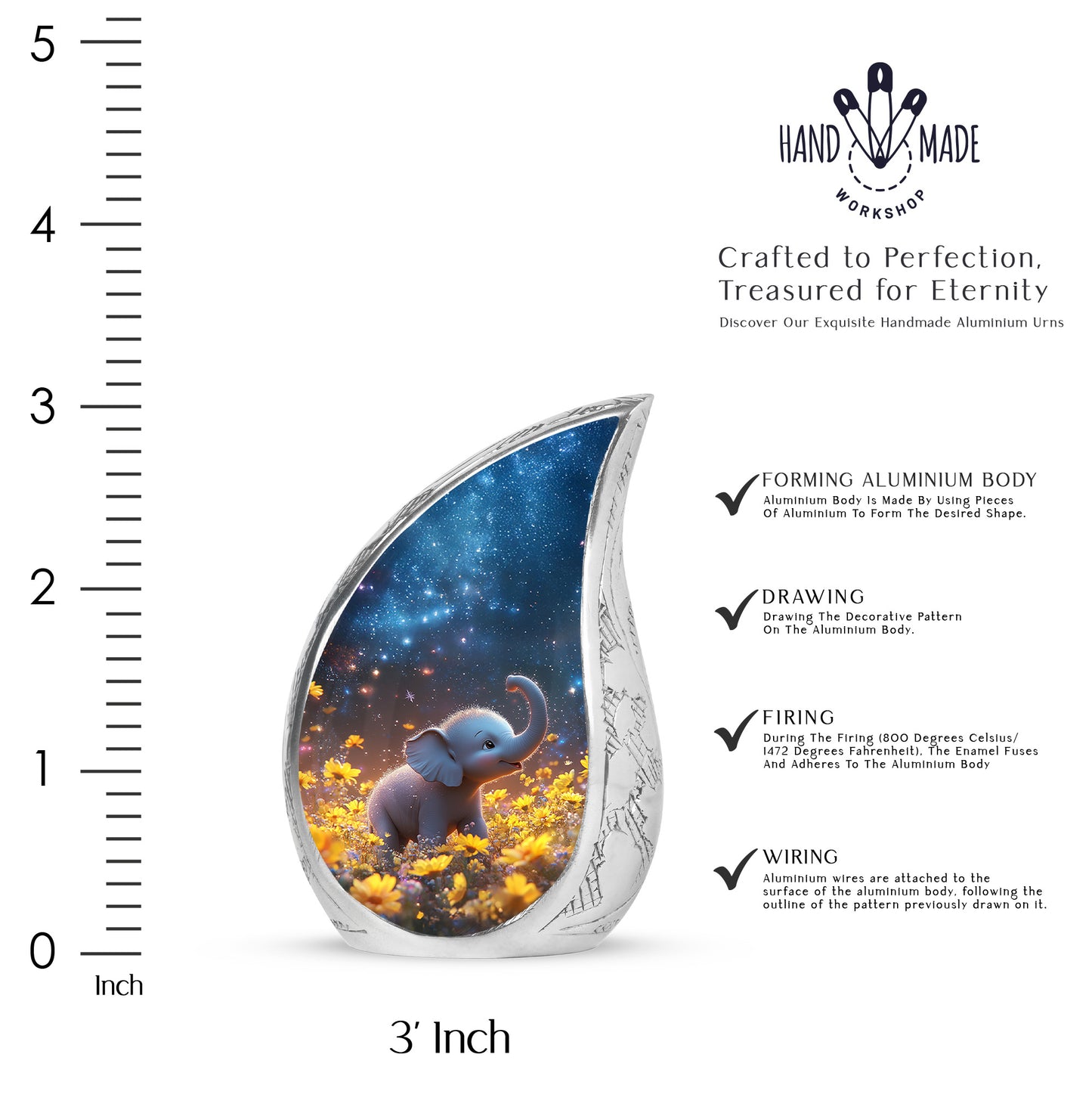 Indigo Elephant Cremation Urn angled view of lid and engraved motif - flowing teardrop elephant silhouette on curved aluminum - mini keepsake memorial for portion of cremation ashes