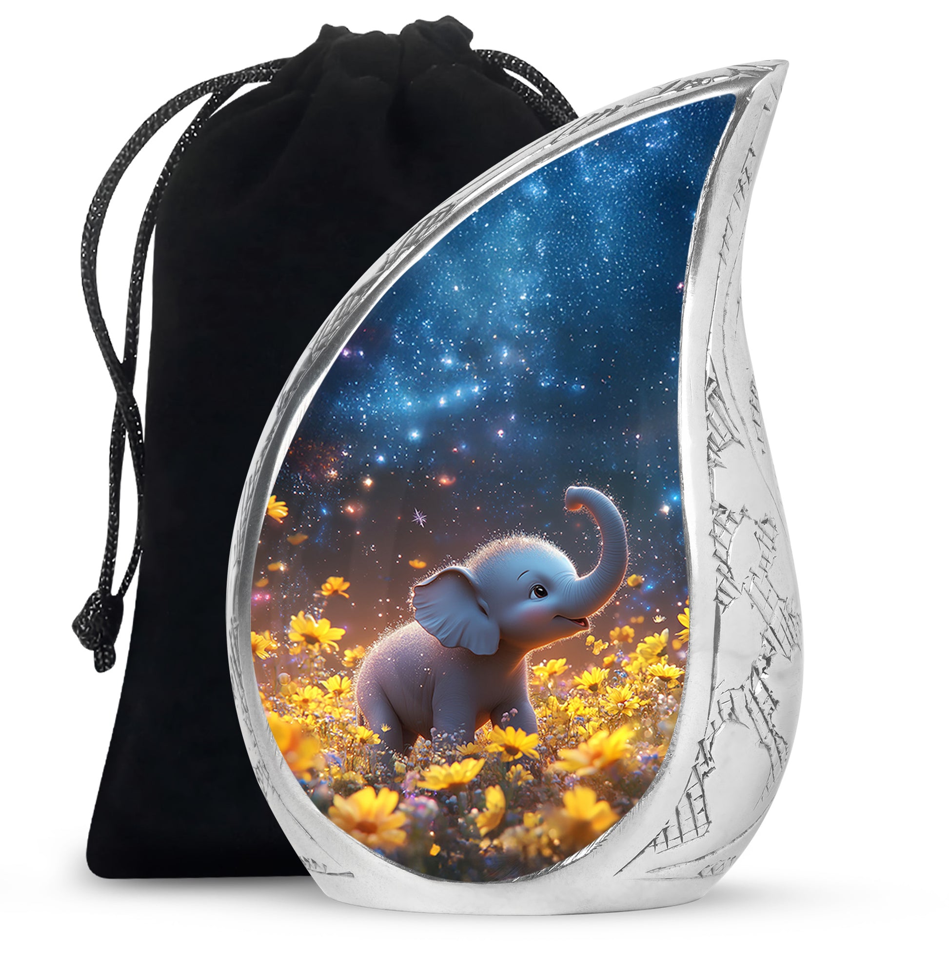 Misty Blue Elephant Cremation Urn front view showing detailed design - rounded teardrop elephant design with delicate detail - full-size 10 inch 200 cubic inch adult cremation urn