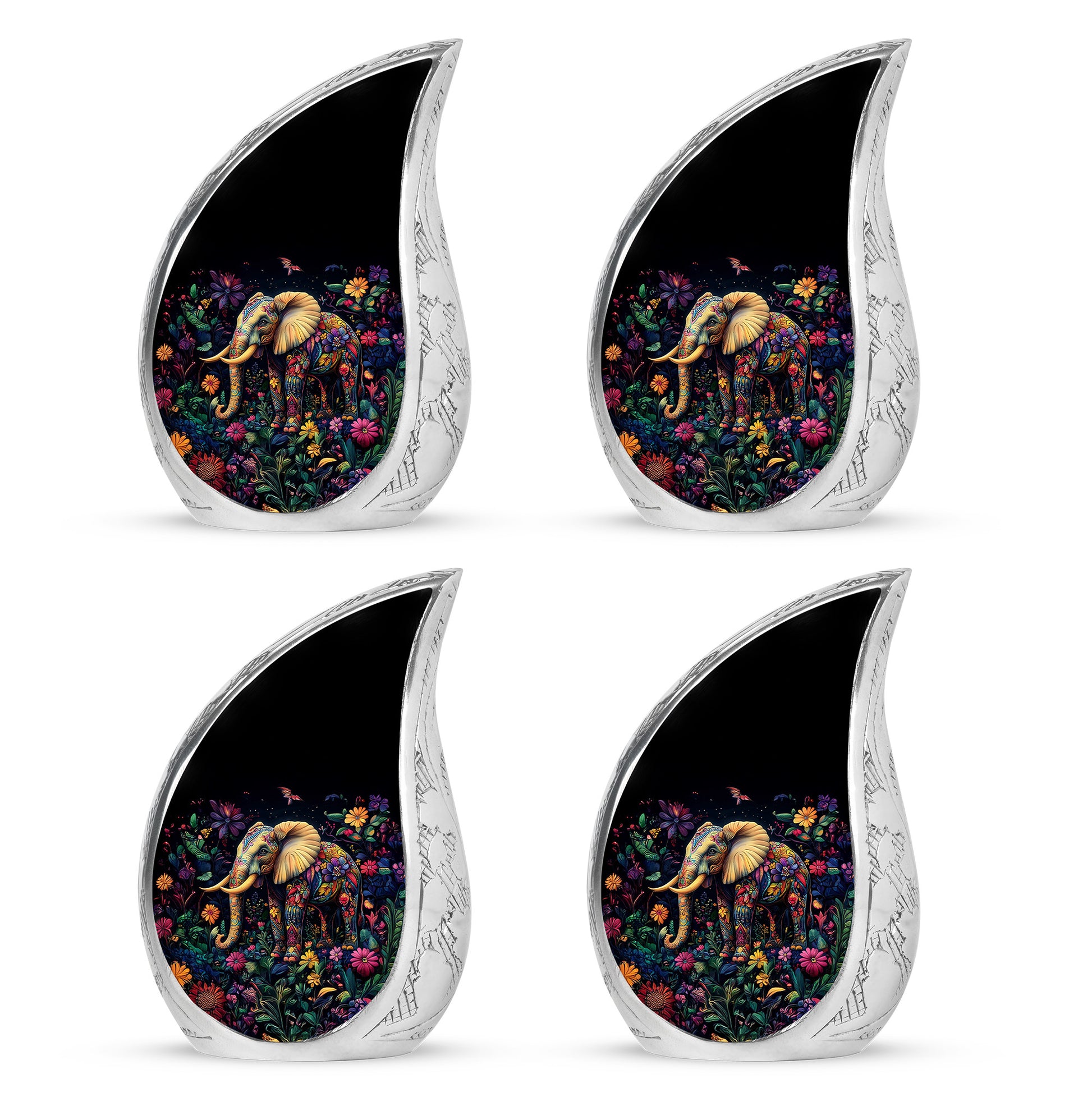 Glossy Black Elephant Cremation Urn close-up of engraving and surface detail - rounded teardrop elephant design with delicate detail - 10 inch aluminum urn for cremated remains