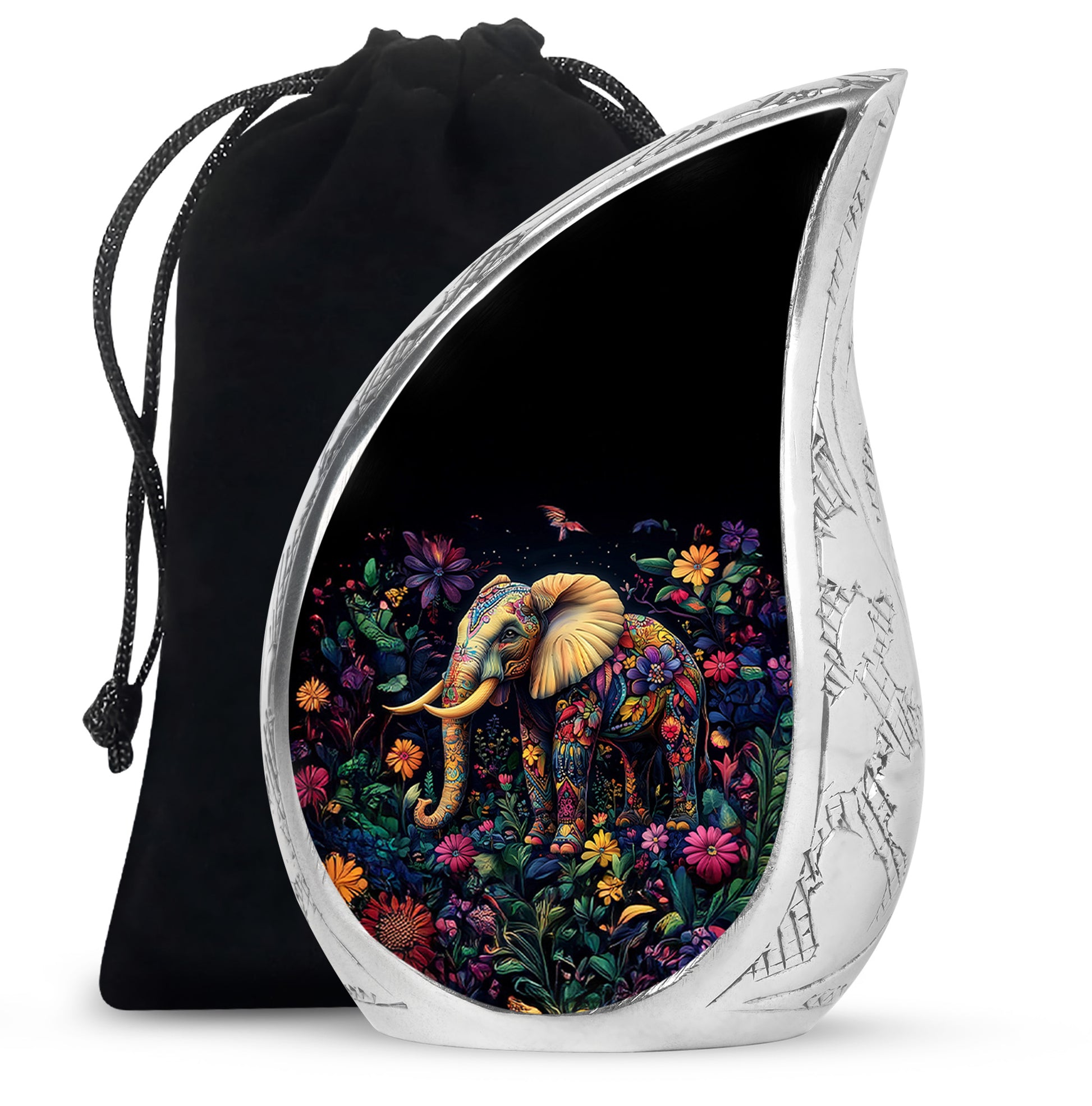 Charcoal Black Elephant Cremation Urn front view showing detailed design - graceful tear-shaped urn with elephant motif - full-size 10 inch 200 cubic inch adult cremation urn