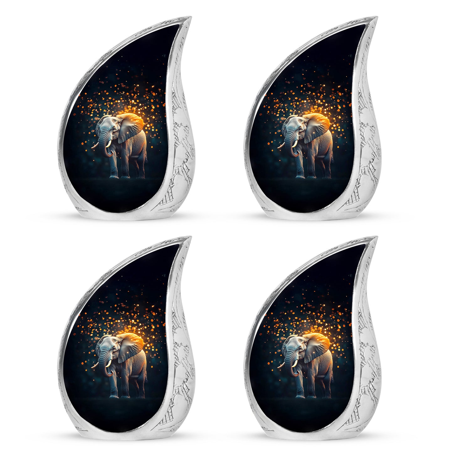 Midnight Black Elephant Cremation Urn close-up of engraving and surface detail - smooth teardrop contour featuring elephant art - 10 inch aluminum urn for cremated remains