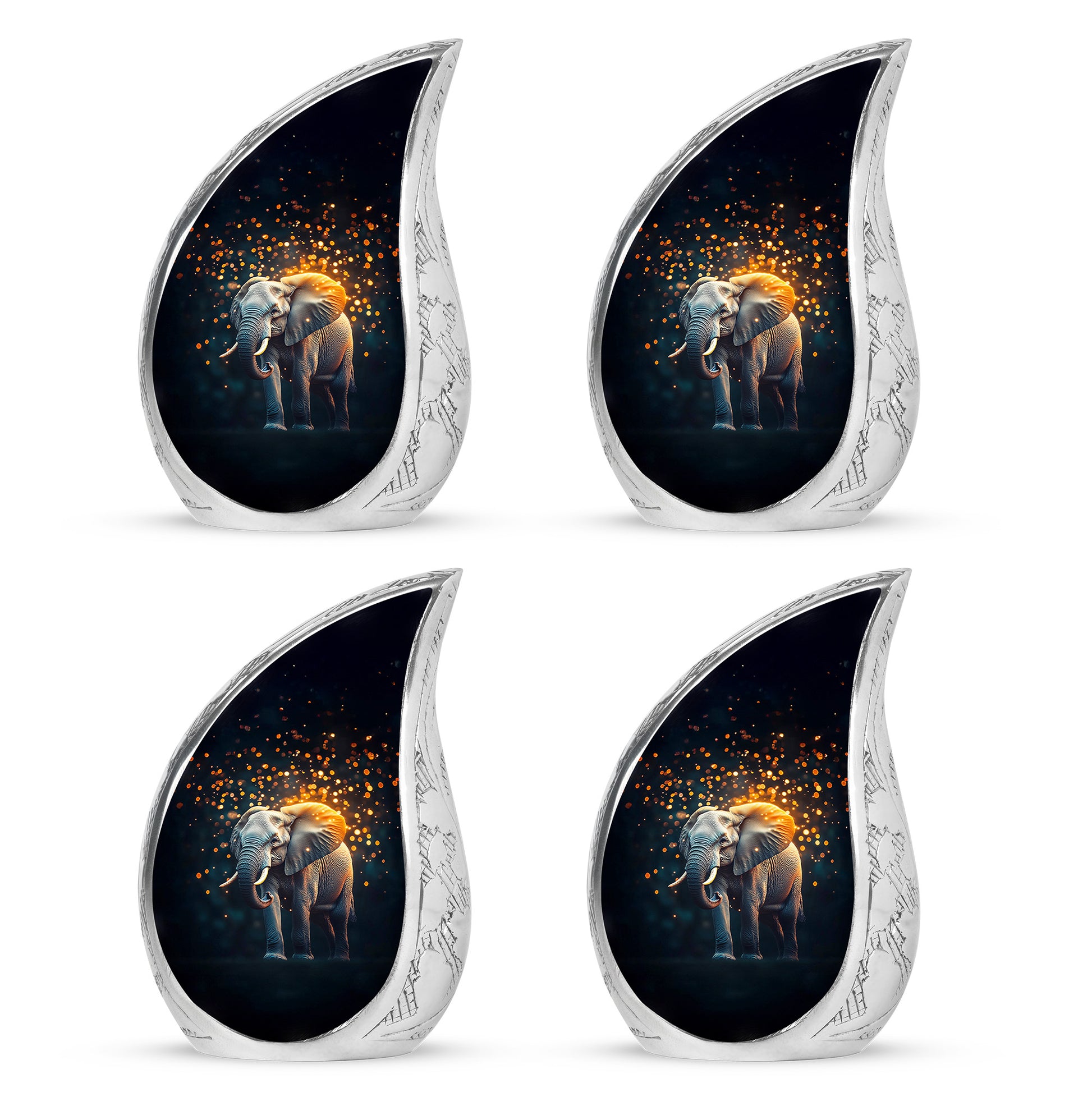 Midnight Black Elephant Cremation Urn close-up of engraving and surface detail - smooth teardrop contour featuring elephant art - 10 inch aluminum urn for cremated remains