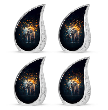 Midnight Black Elephant Cremation Urn close-up of engraving and surface detail - smooth teardrop contour featuring elephant art - 10 inch aluminum urn for cremated remains