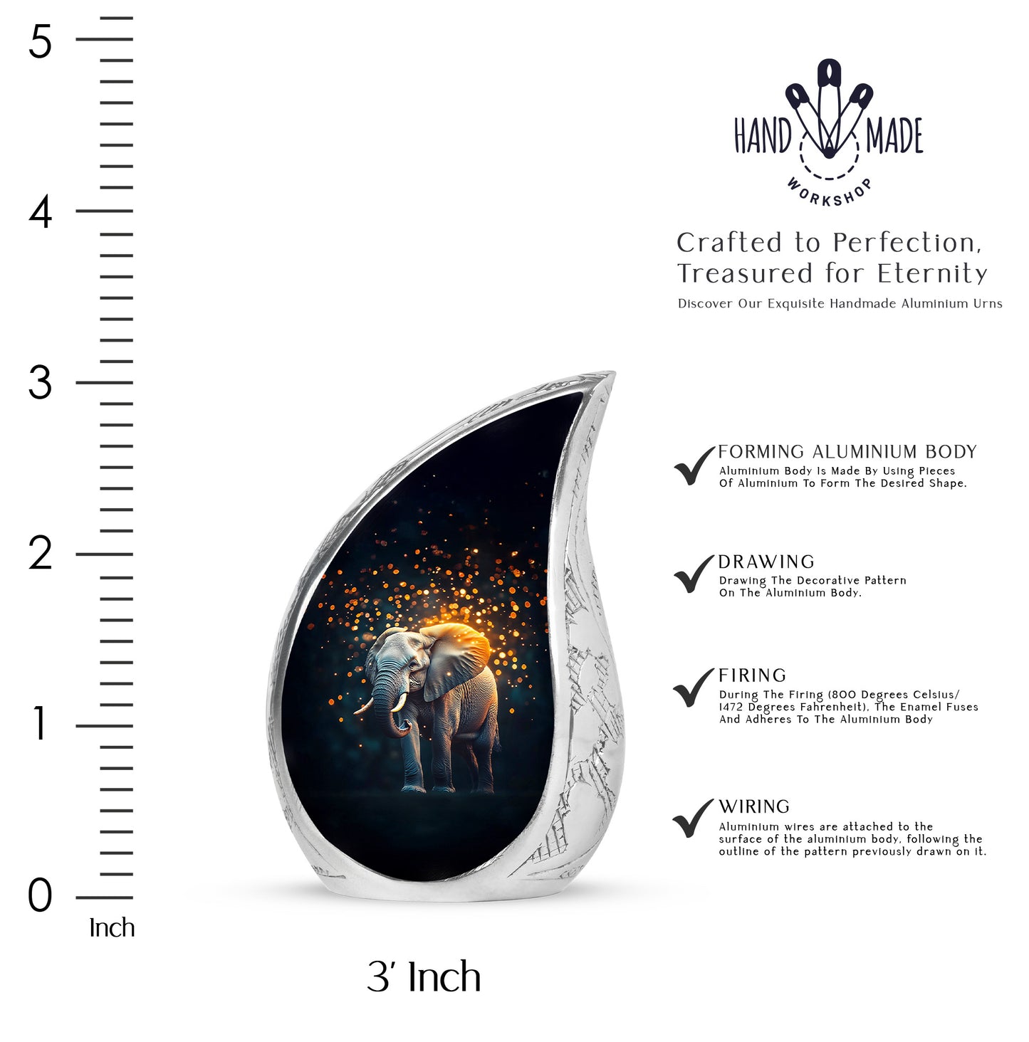 Deep Black Elephant Cremation Urn angled view of lid and engraved motif - flowing teardrop elephant silhouette on curved aluminum - mini keepsake memorial for portion of cremation ashes