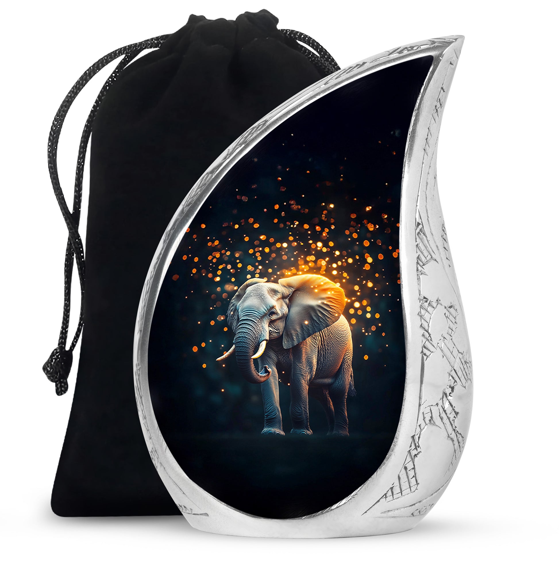 Deep Black Elephant Cremation Urn front view showing detailed design - rounded teardrop elephant design with delicate detail - full-size 10 inch 200 cubic inch adult cremation urn