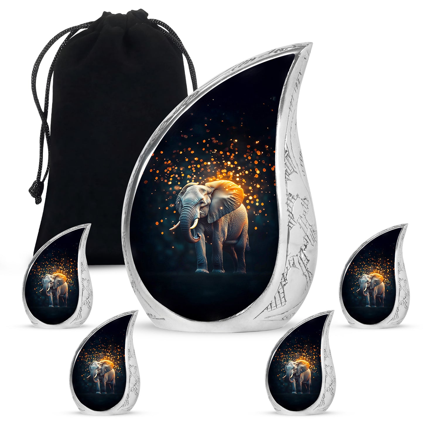 Glossy Black Elephant Cremation Urn side profile showing urn shape - flowing teardrop elephant silhouette on curved aluminum - memorial set with one large and four small urns