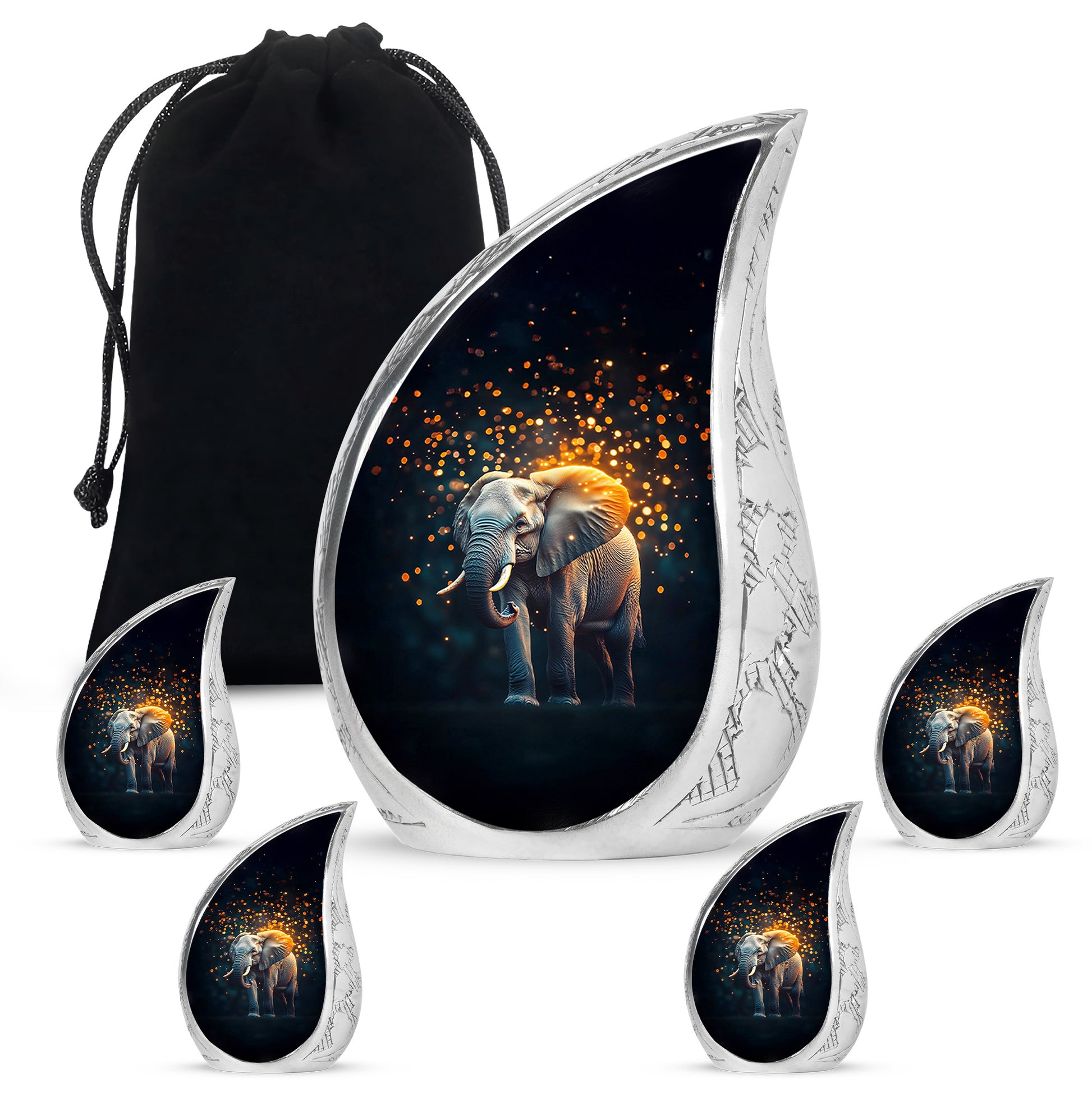 Glossy Black Elephant Cremation Urn side profile showing urn shape - flowing teardrop elephant silhouette on curved aluminum - memorial set with one large and four small urns