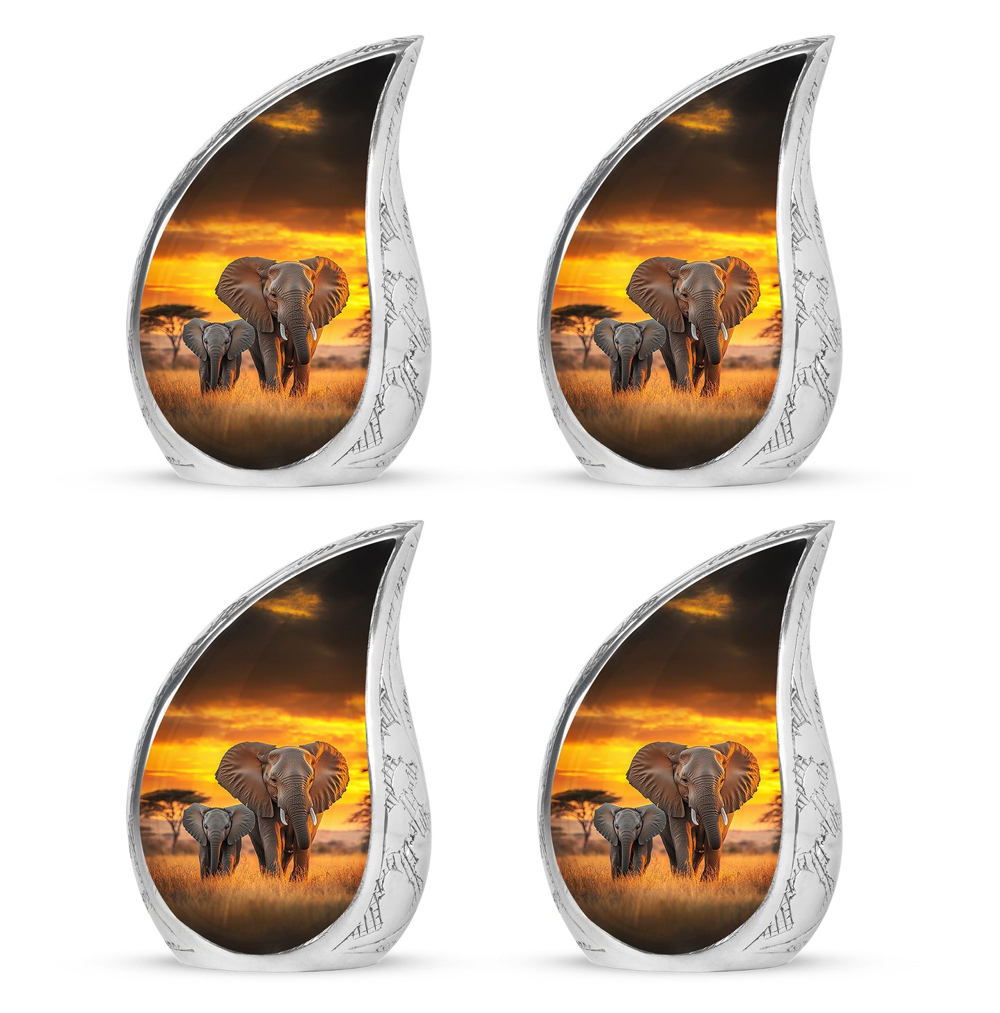 Sunrise Gold Elephant Cremation Urn close-up of engraving and surface detail - flowing teardrop elephant silhouette on curved aluminum - 10 inch aluminum urn for cremated remains