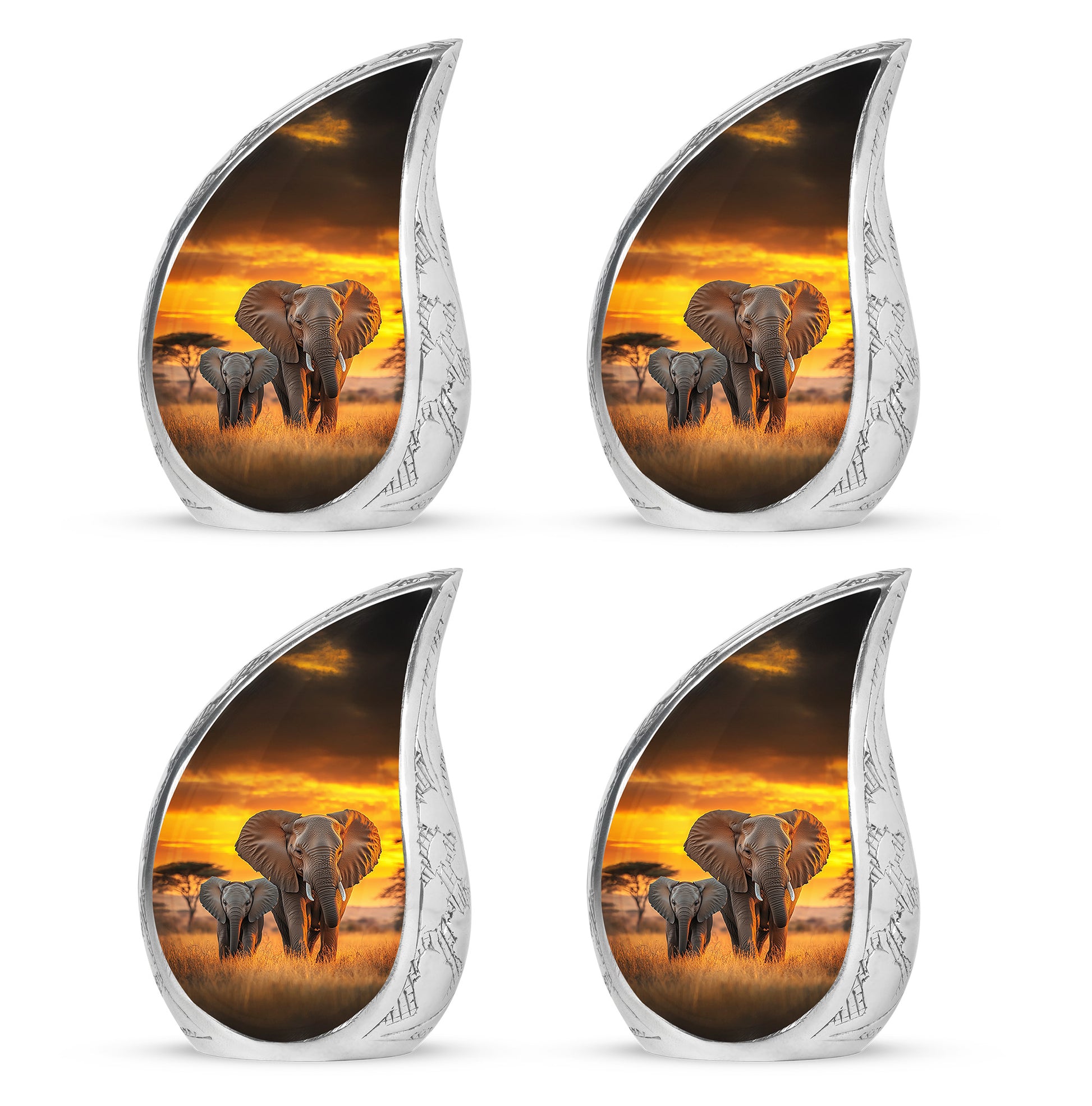 Sunrise Gold Elephant Cremation Urn close-up of engraving and surface detail - flowing teardrop elephant silhouette on curved aluminum - 10 inch aluminum urn for cremated remains