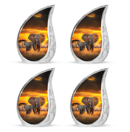 Sunrise Gold Elephant Cremation Urn close-up of engraving and surface detail - flowing teardrop elephant silhouette on curved aluminum - 10 inch aluminum urn for cremated remains