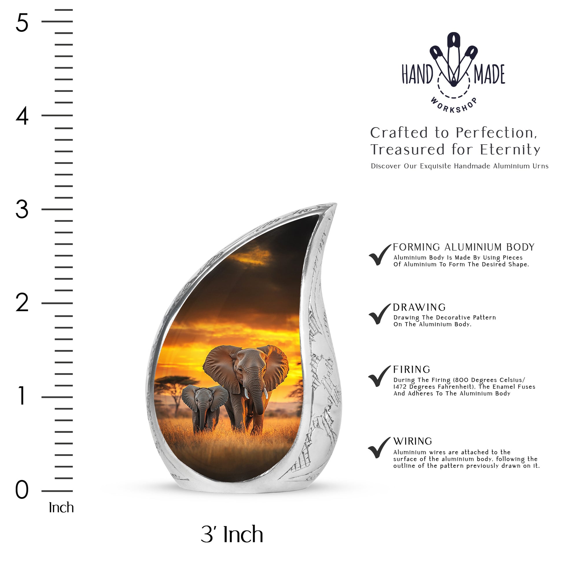 Burnished Gold Elephant Cremation Urn angled view of lid and engraved motif - graceful tear-shaped urn with elephant motif - mini keepsake memorial for portion of cremation ashes