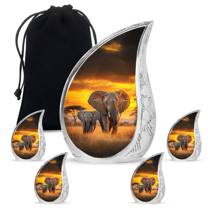 Matte Gold Elephant Cremation Urn side profile showing urn shape - graceful tear-shaped urn with elephant motif - memorial set with one large and four small urns