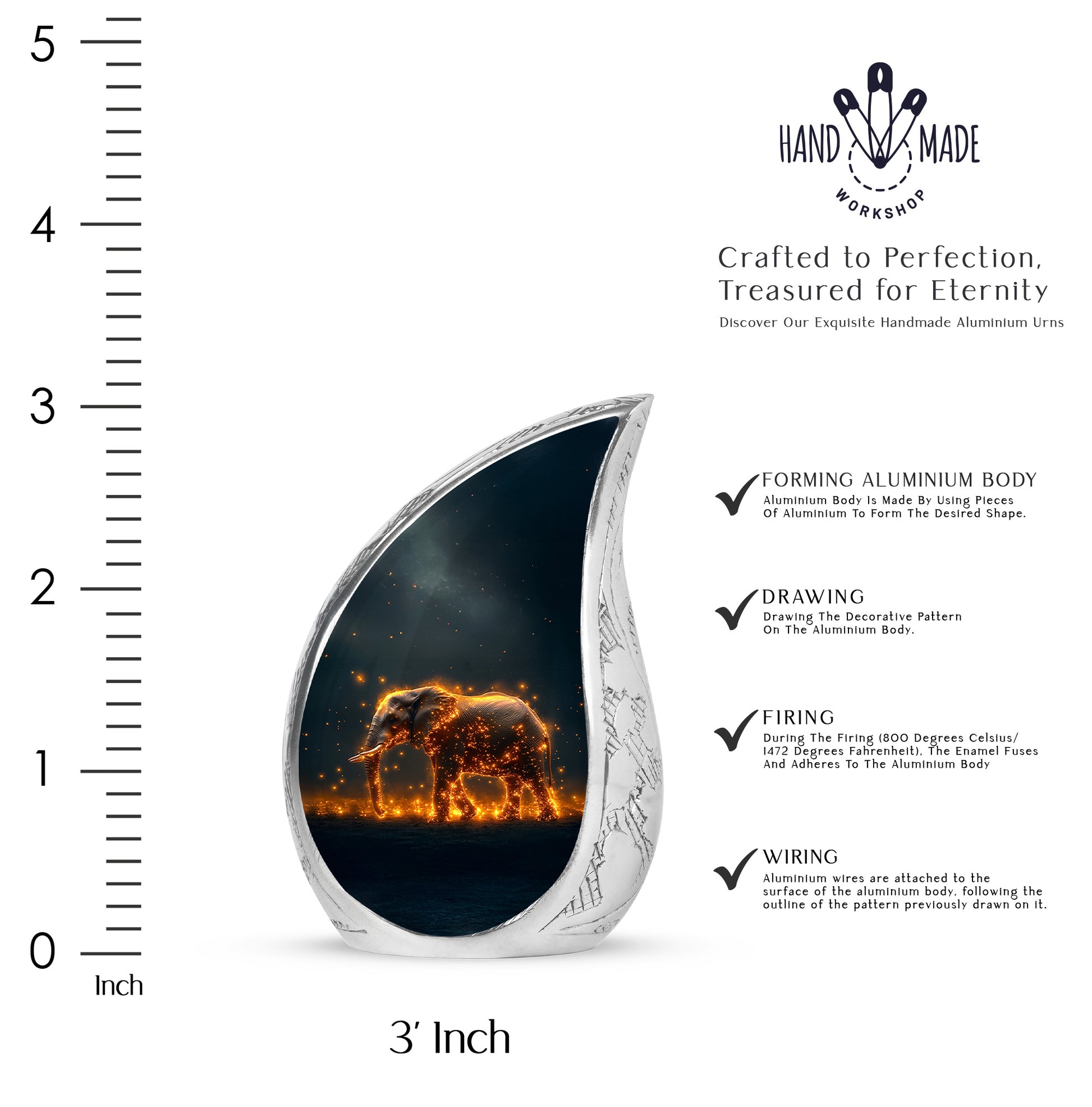Sea Green Teal Elephant Cremation Urn angled view of lid and engraved motif - rounded teardrop elephant design with delicate detail - mini keepsake memorial for portion of cremation ashes