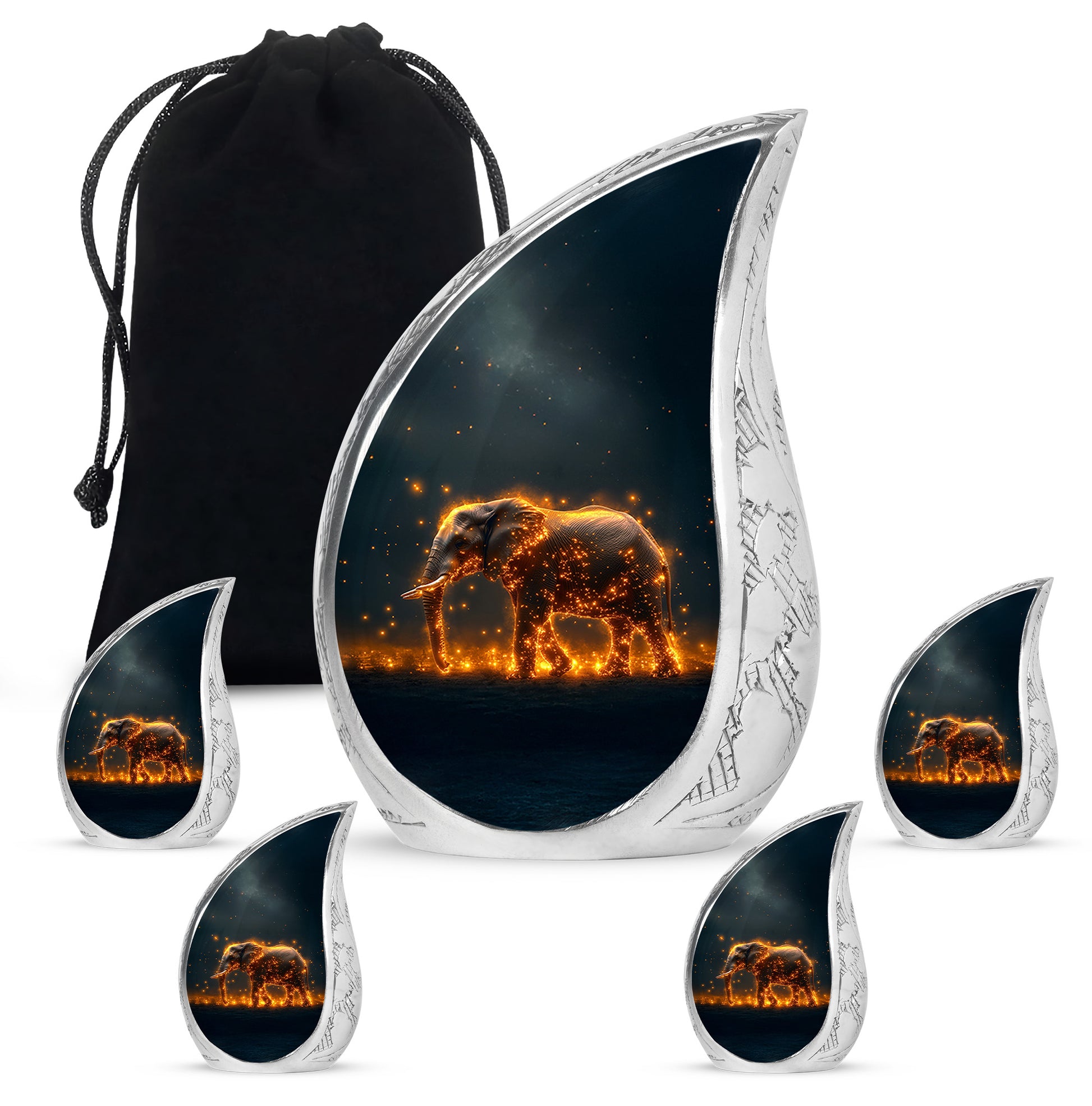 Ocean Teal Elephant Cremation Urn side profile showing urn shape - rounded teardrop elephant design with delicate detail - memorial set with one large and four small urns