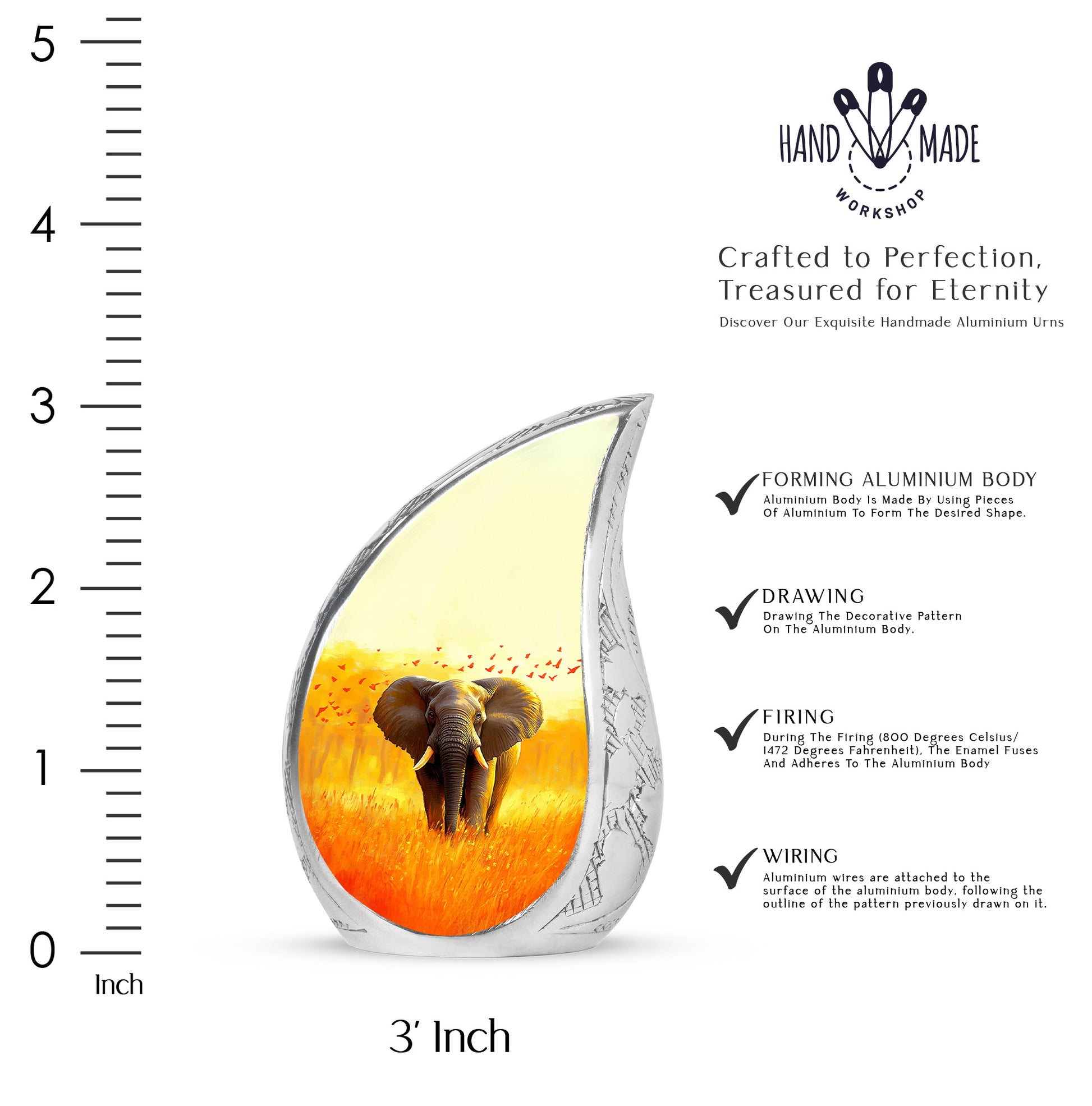 Antique Gold Elephant Cremation Urn angled view of lid and engraved motif - rounded teardrop elephant design with delicate detail - mini keepsake memorial for portion of cremation ashes