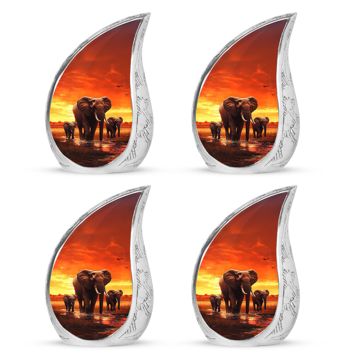 Burgundy Red Elephant Cremation Urn close-up of engraving and surface detail - flowing teardrop elephant silhouette on curved aluminum - 10 inch aluminum urn for cremated remains