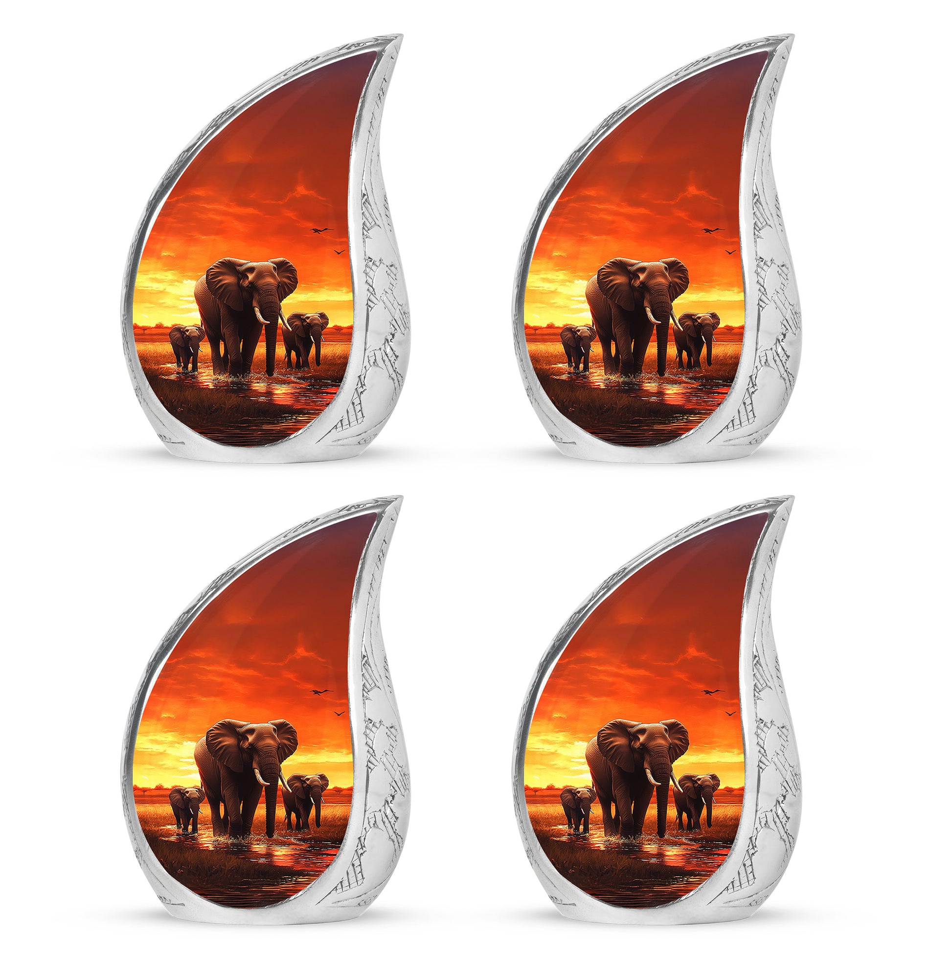 Burgundy Red Elephant Cremation Urn close-up of engraving and surface detail - flowing teardrop elephant silhouette on curved aluminum - 10 inch aluminum urn for cremated remains