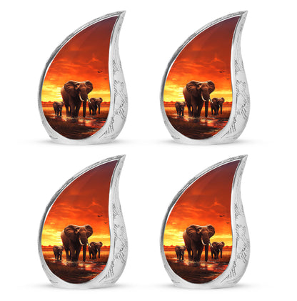 Burgundy Red Elephant Cremation Urn close-up of engraving and surface detail - flowing teardrop elephant silhouette on curved aluminum - 10 inch aluminum urn for cremated remains
