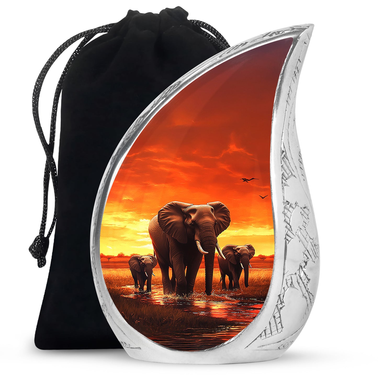 Ruby Red Elephant Cremation Urn front view showing detailed design - smooth teardrop contour featuring elephant art - full-size 10 inch 200 cubic inch adult cremation urn