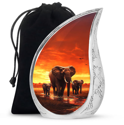 Ruby Red Elephant Cremation Urn front view showing detailed design - smooth teardrop contour featuring elephant art - full-size 10 inch 200 cubic inch adult cremation urn
