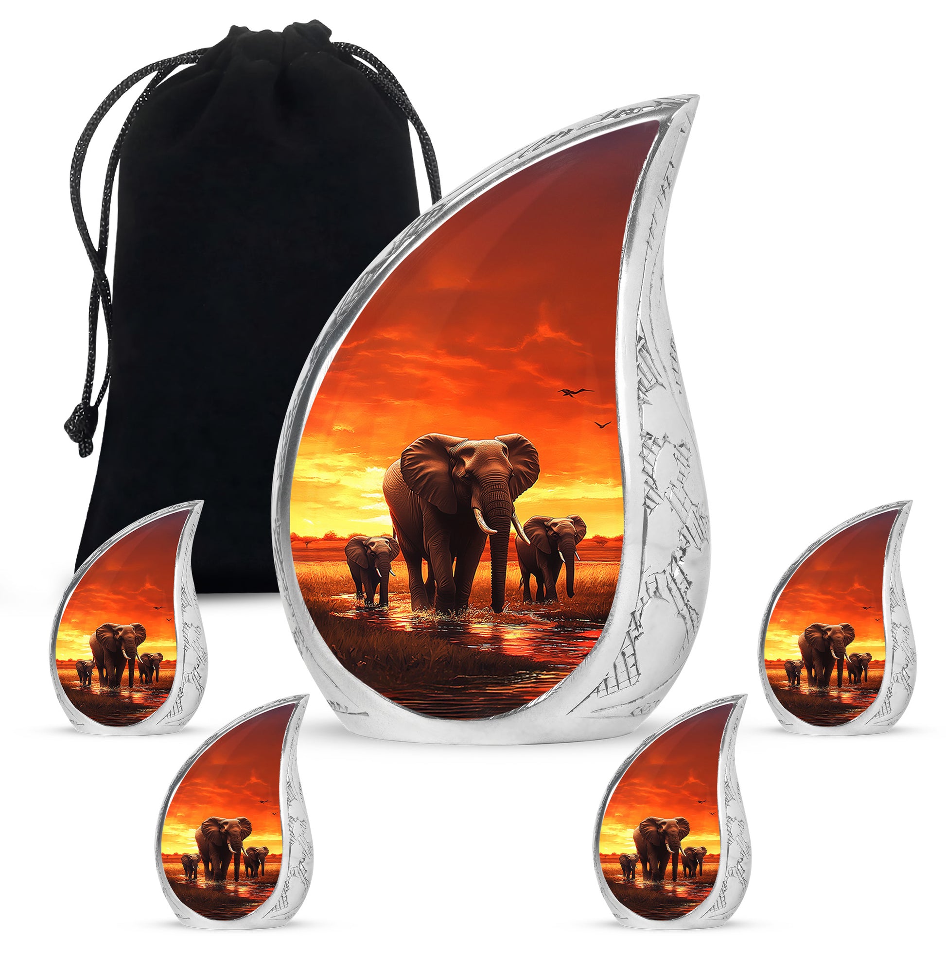 Crimson Red Elephant Cremation Urn side profile showing urn shape - flowing teardrop elephant silhouette on curved aluminum - memorial set with one large and four small urns