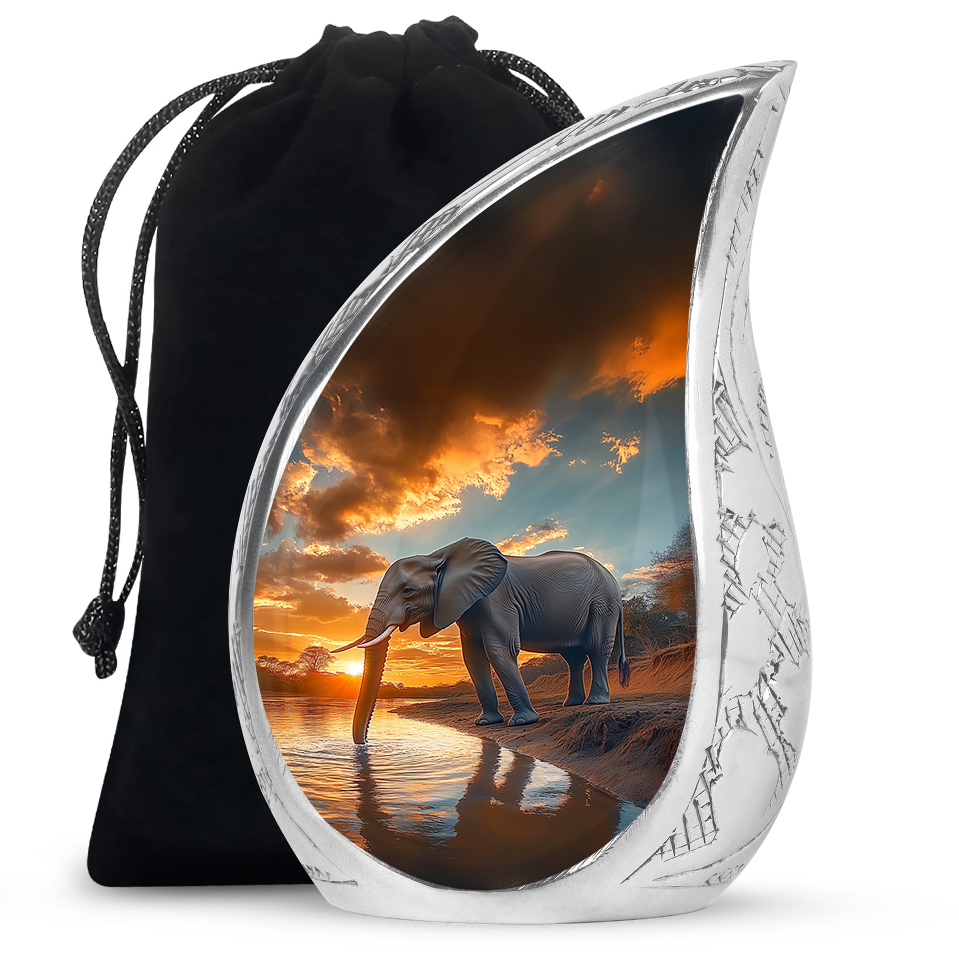 Ocean Teal Elephant Cremation Urn front view showing detailed design - flowing teardrop elephant silhouette on curved aluminum - full-size 10 inch 200 cubic inch adult cremation urn