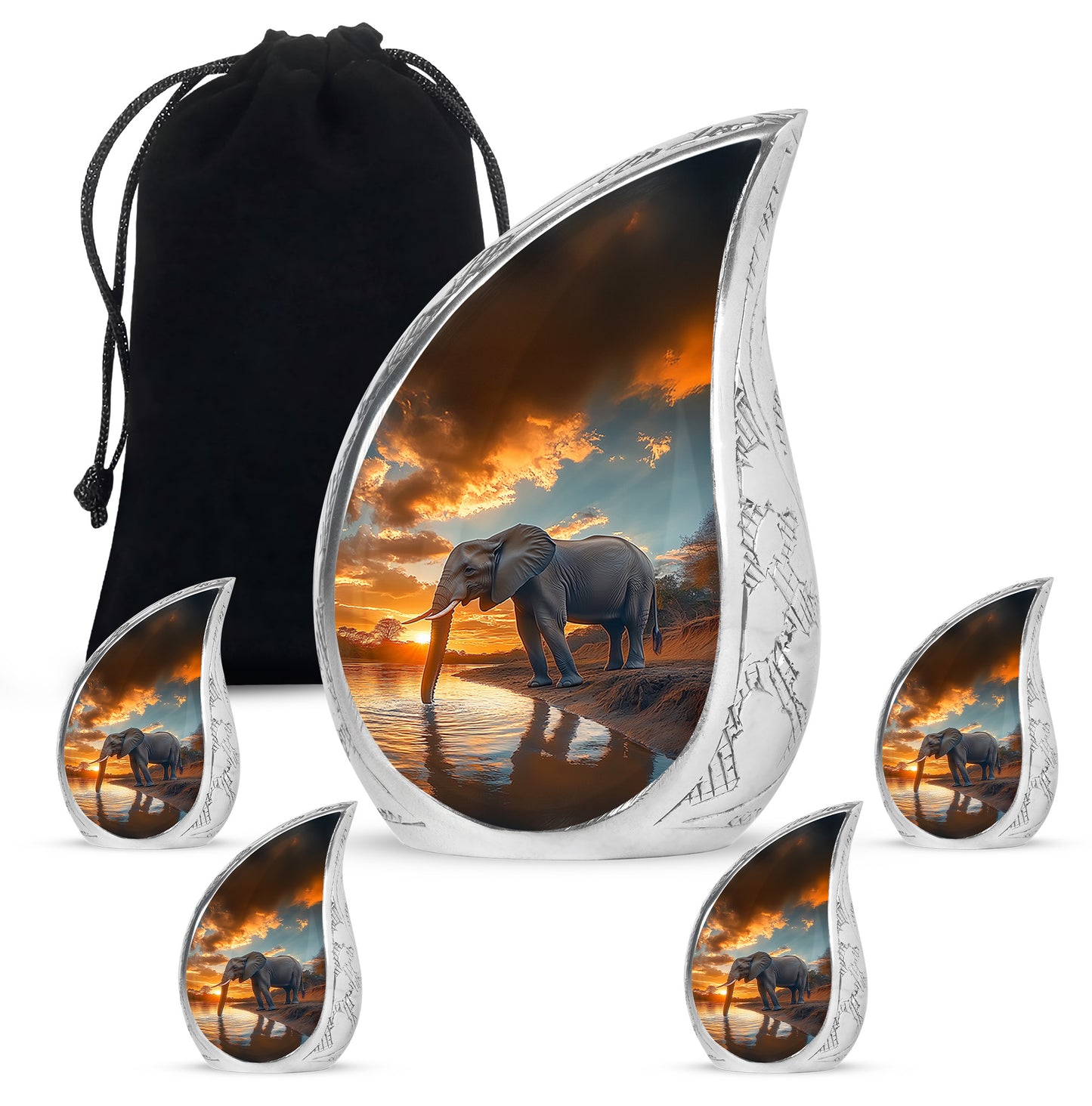 Deep Teal Elephant Cremation Urn side profile showing urn shape - smooth teardrop contour featuring elephant art - memorial set with one large and four small urns
