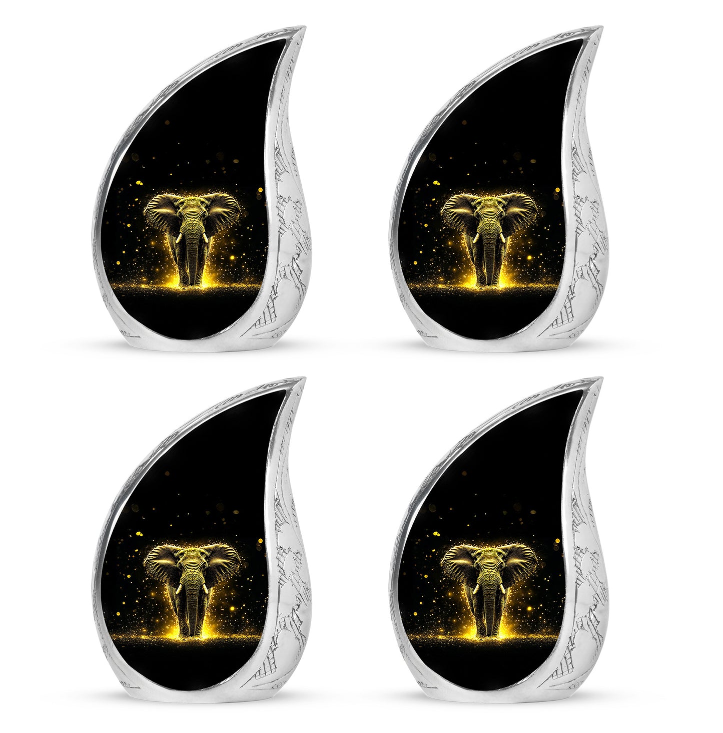 Charcoal Black Elephant Cremation Urn close-up of engraving and surface detail - smooth teardrop contour featuring elephant art - 10 inch aluminum urn for cremated remains