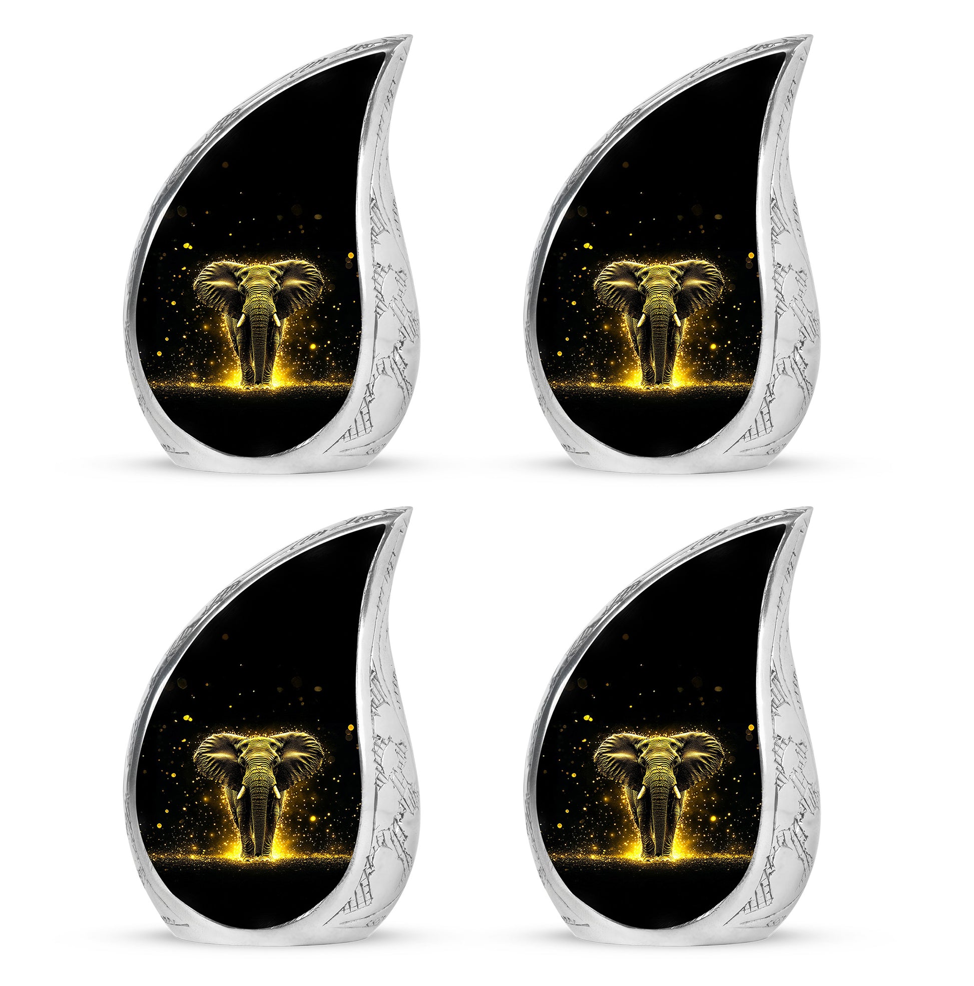 Charcoal Black Elephant Cremation Urn close-up of engraving and surface detail - smooth teardrop contour featuring elephant art - 10 inch aluminum urn for cremated remains