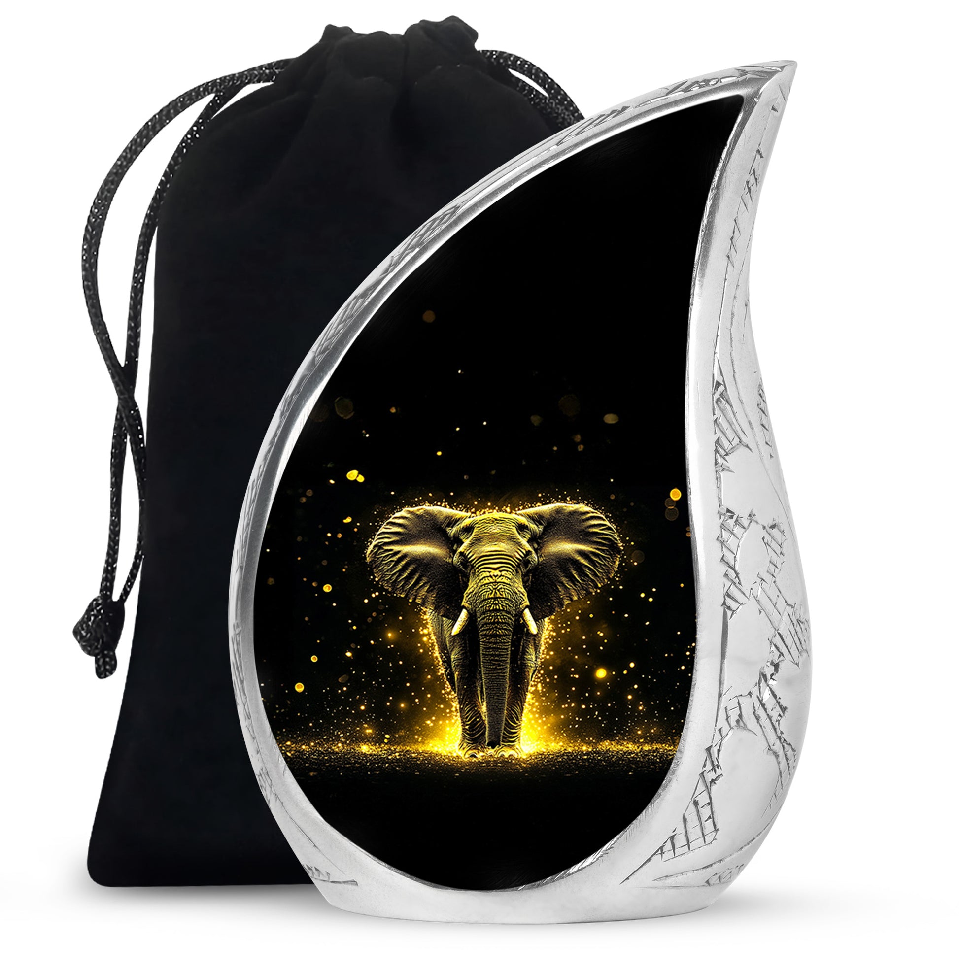 Charcoal Black Elephant Cremation Urn front view showing detailed design - graceful tear-shaped urn with elephant motif - full-size 10 inch 200 cubic inch adult cremation urn