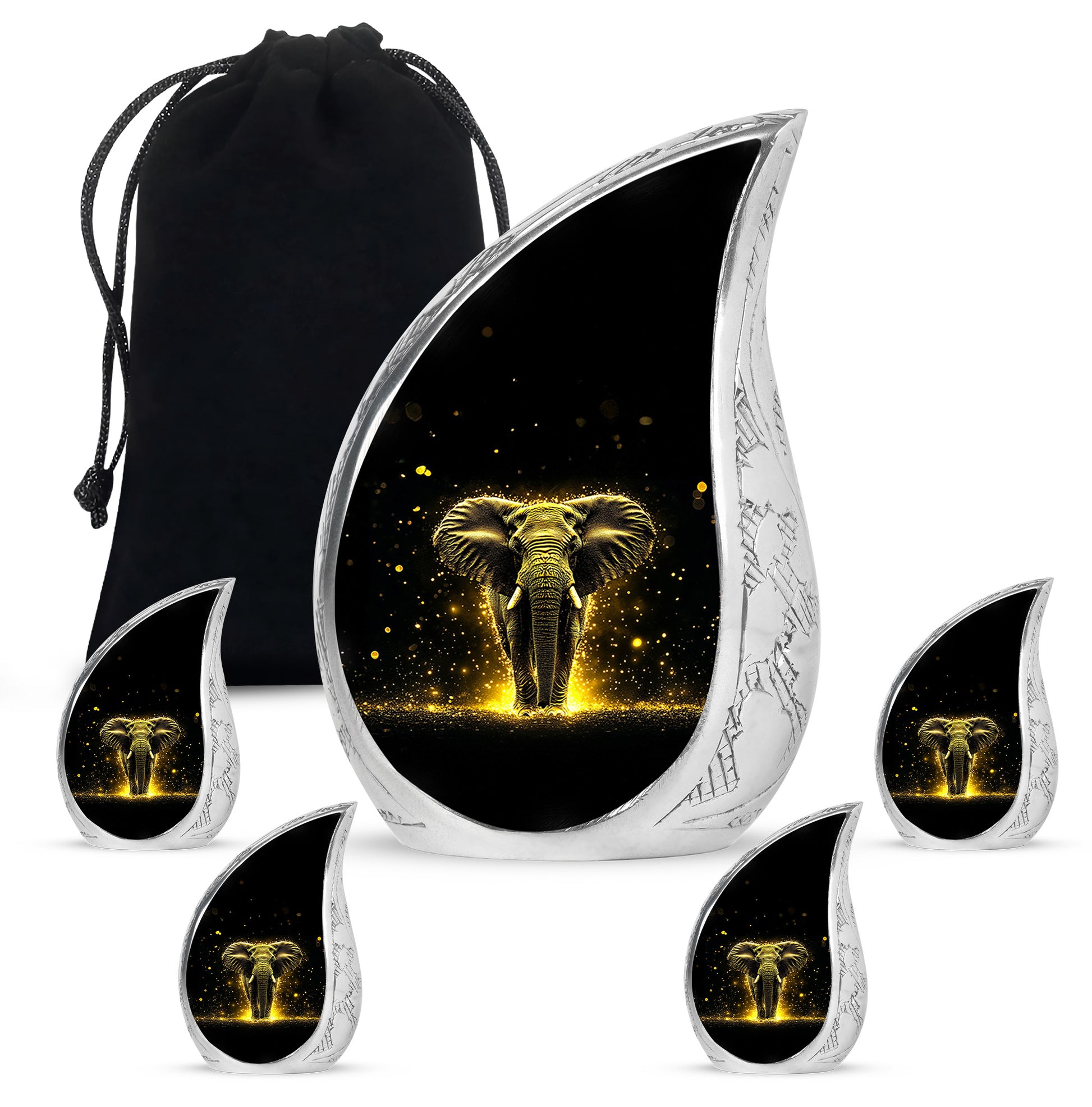 Ebony Elephant Cremation Urn side profile showing urn shape - flowing teardrop elephant silhouette on curved aluminum - memorial set with one large and four small urns