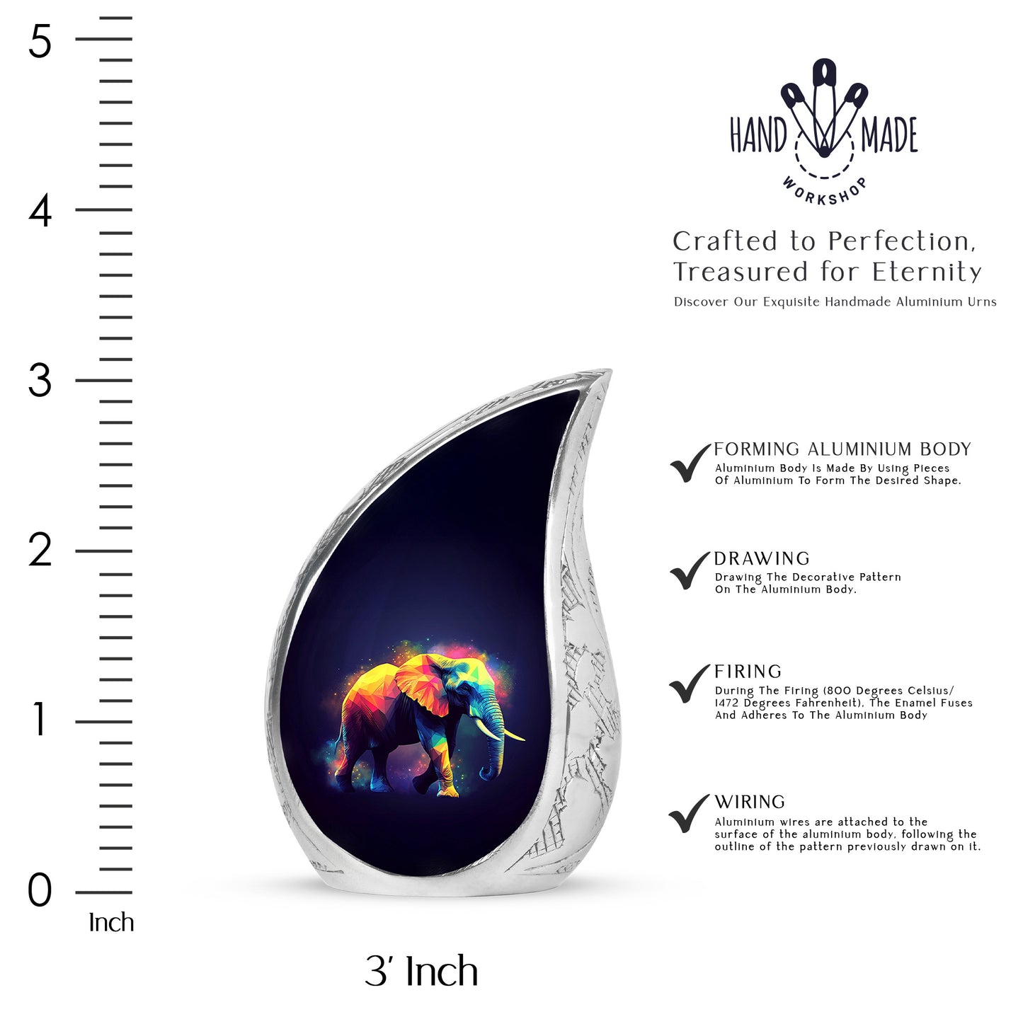 Charcoal Black Elephant Cremation Urn angled view of lid and engraved motif - smooth teardrop contour featuring elephant art - mini keepsake memorial for portion of cremation ashes