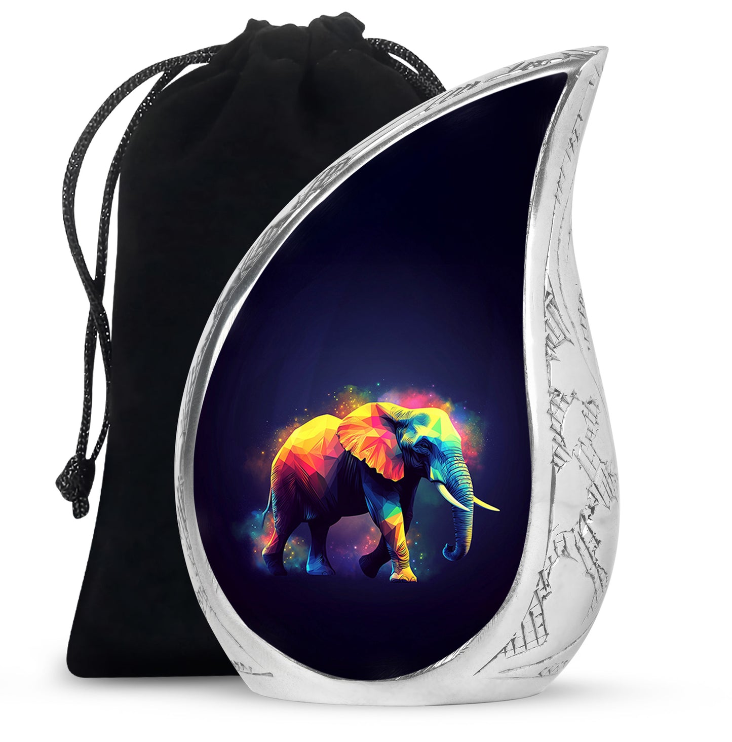 Ebony Elephant Cremation Urn front view showing detailed design - rounded teardrop elephant design with delicate detail - full-size 10 inch 200 cubic inch adult cremation urn
