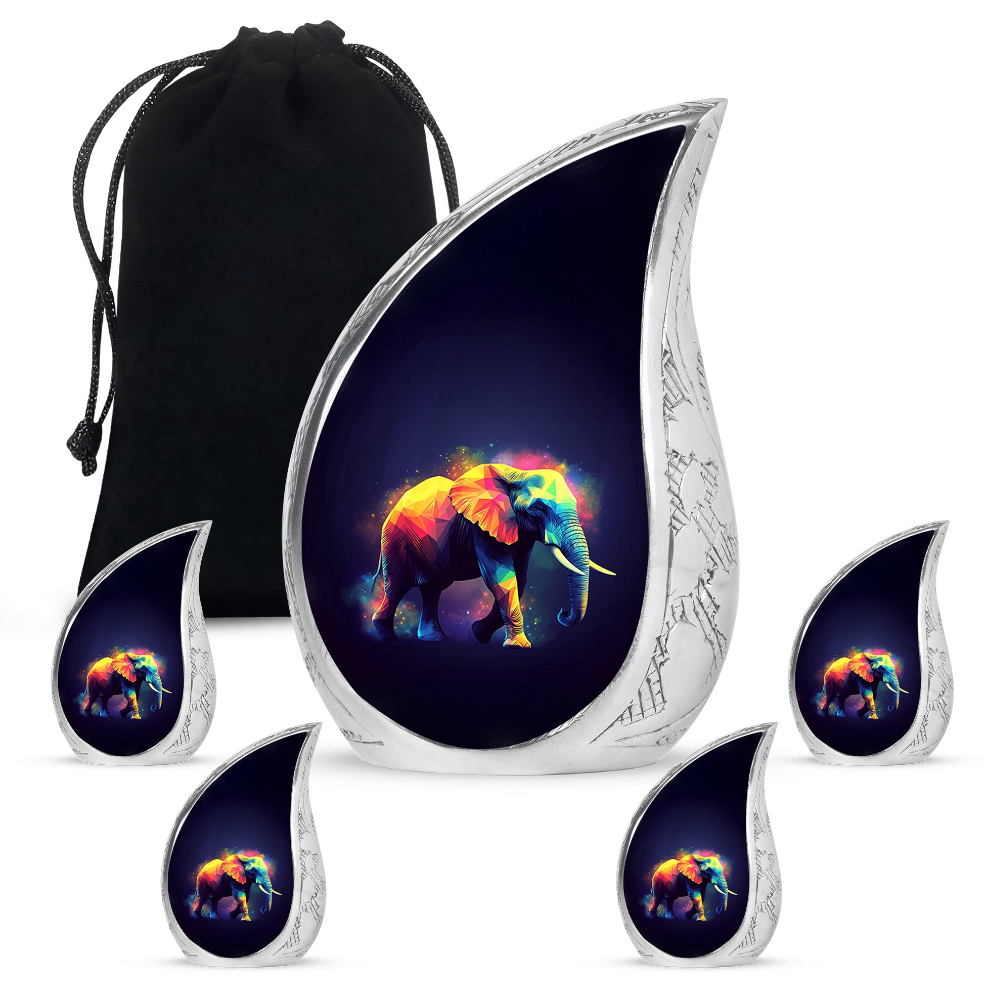 Deep Black Elephant Cremation Urn side profile showing urn shape - flowing teardrop elephant silhouette on curved aluminum - memorial set with one large and four small urns