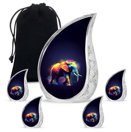 Deep Black Elephant Cremation Urn side profile showing urn shape - flowing teardrop elephant silhouette on curved aluminum - memorial set with one large and four small urns