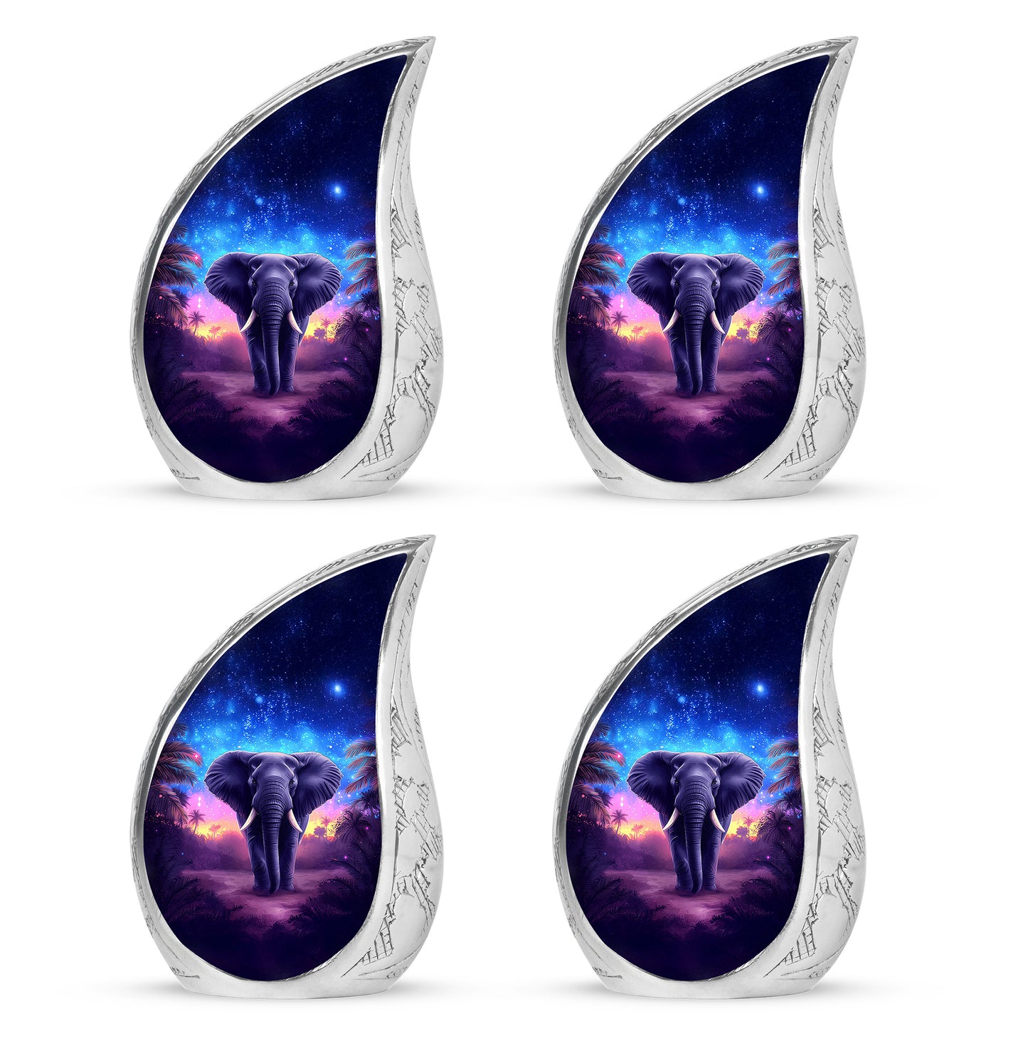 Cobalt Blue Elephant Cremation Urn close-up of engraving and surface detail - smooth teardrop contour featuring elephant art - 10 inch aluminum urn for cremated remains