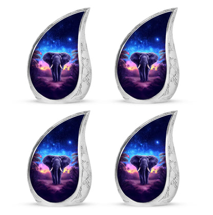 Cobalt Blue Elephant Cremation Urn close-up of engraving and surface detail - smooth teardrop contour featuring elephant art - 10 inch aluminum urn for cremated remains
