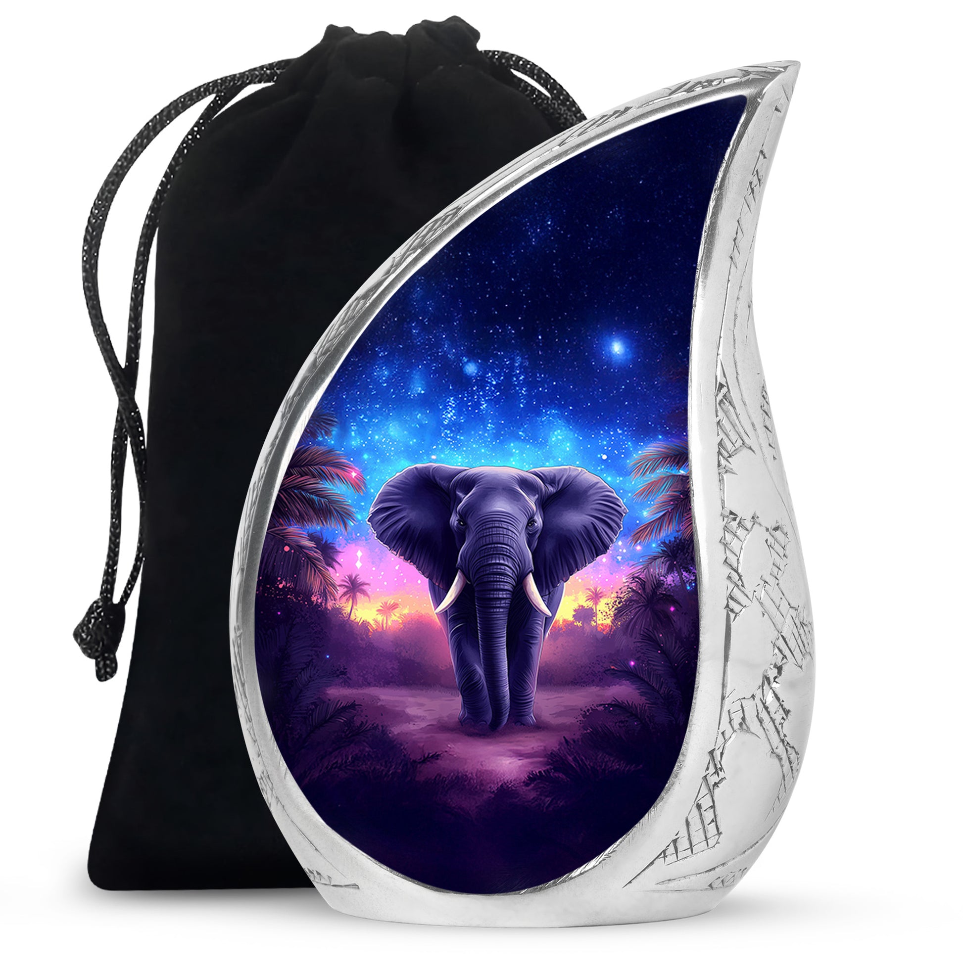 Vivid Blue Elephant Cremation Urn front view showing detailed design - smooth teardrop contour featuring elephant art - full-size 10 inch 200 cubic inch adult cremation urn