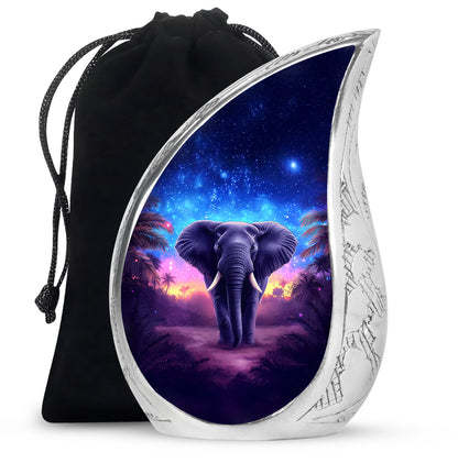 Vivid Blue Elephant Cremation Urn front view showing detailed design - smooth teardrop contour featuring elephant art - full-size 10 inch 200 cubic inch adult cremation urn