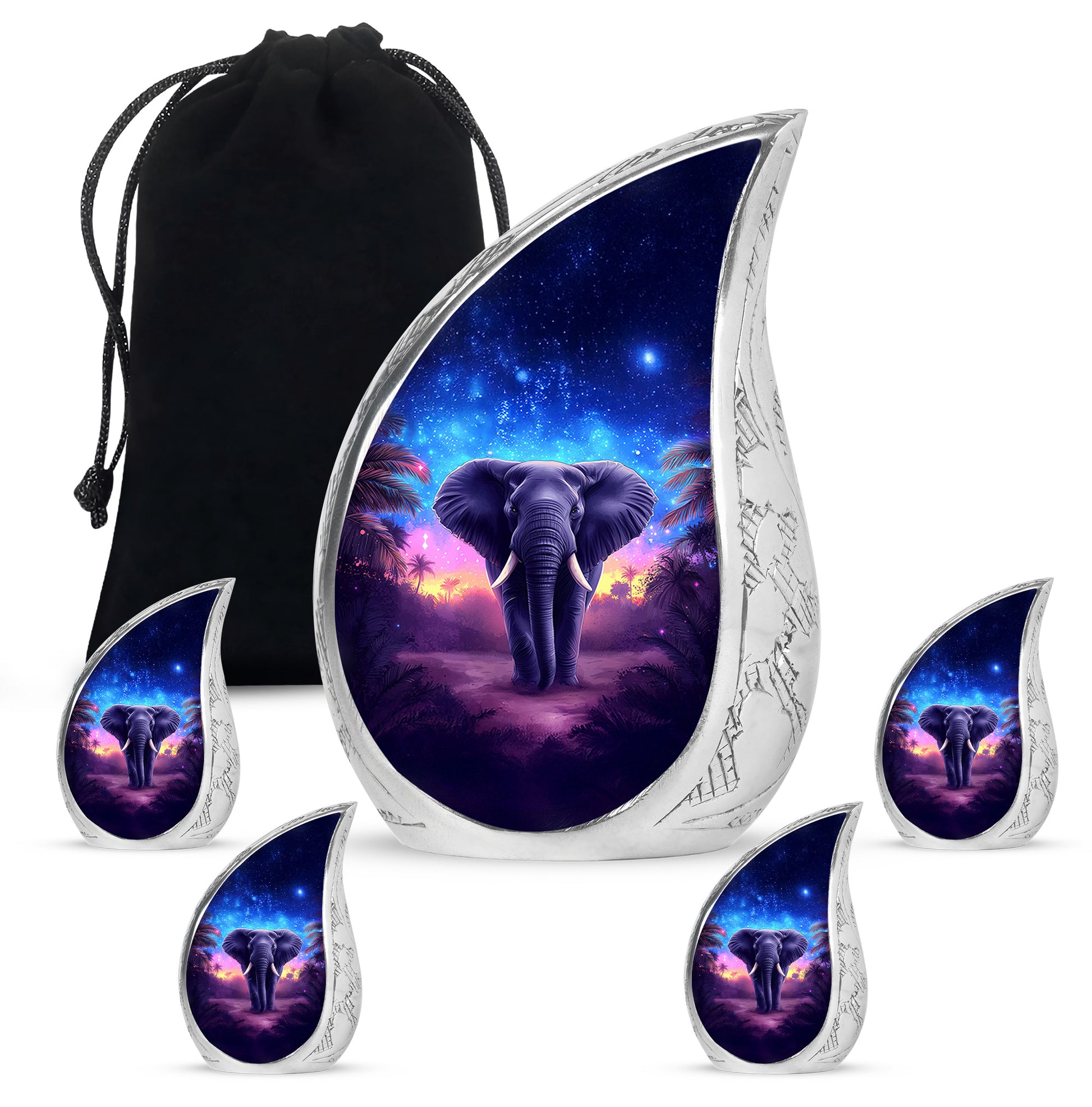 Sapphire Blue Elephant Cremation Urn side profile showing urn shape - smooth teardrop contour featuring elephant art - memorial set with one large and four small urns