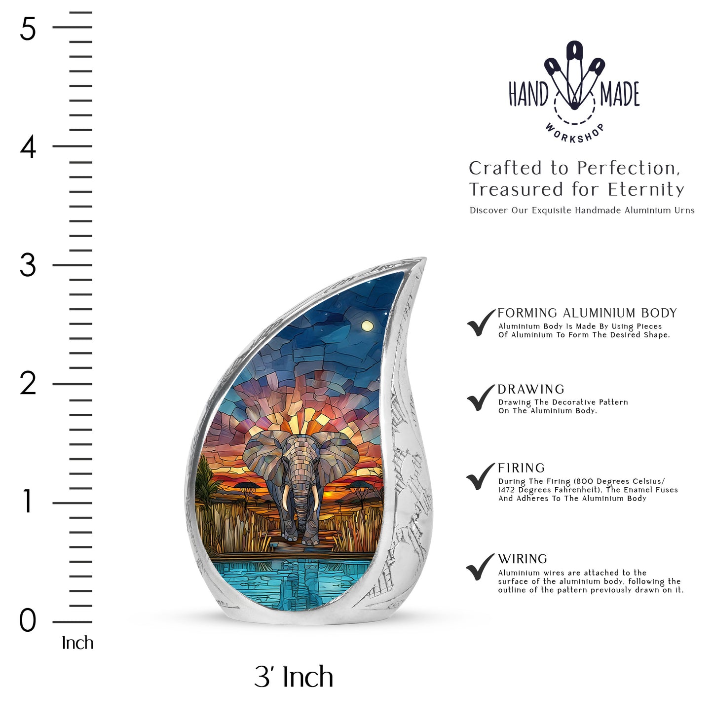 Antique Gold Elephant Cremation Urn angled view of lid and engraved motif - flowing teardrop elephant silhouette on curved aluminum - mini keepsake memorial for portion of cremation ashes
